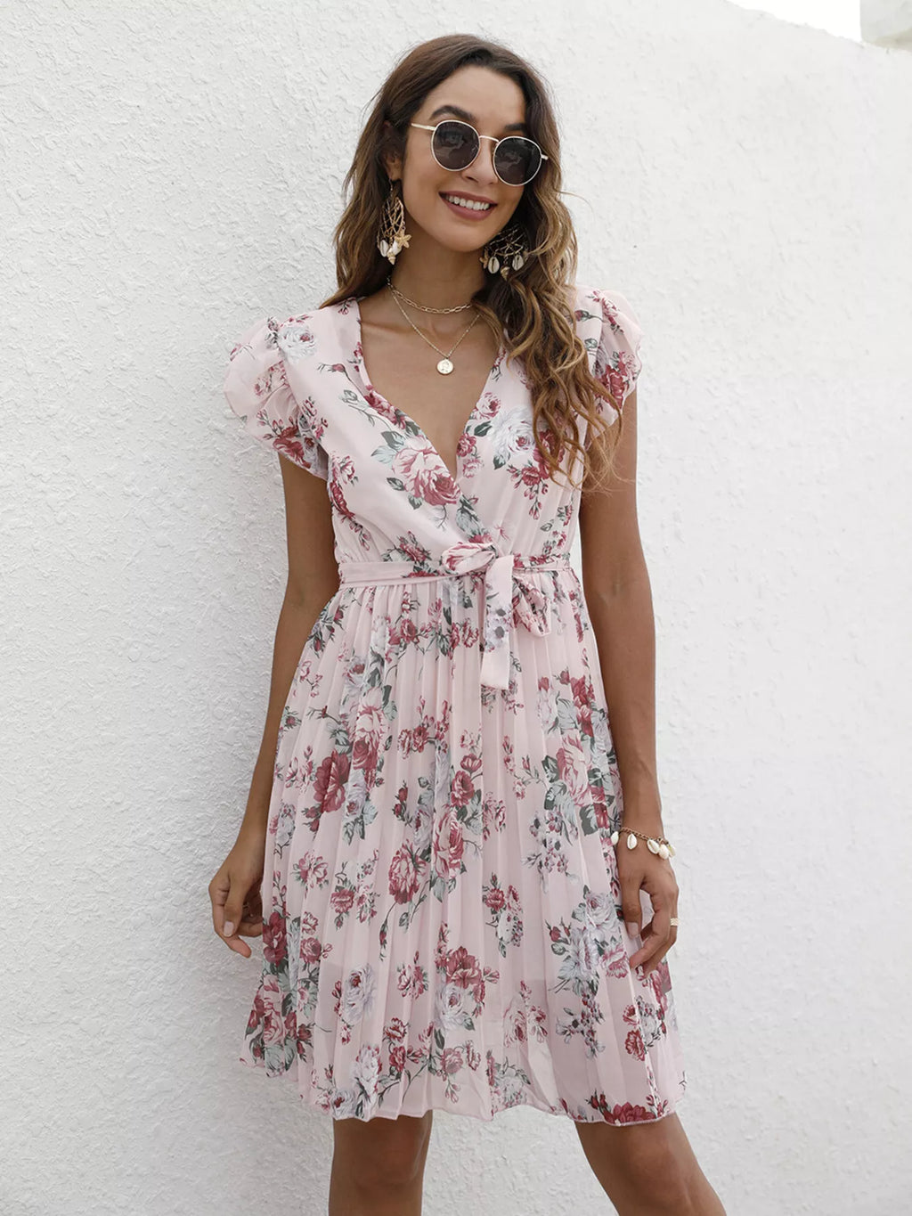 Pleated Floral Print Ruffle Sleeve Dress