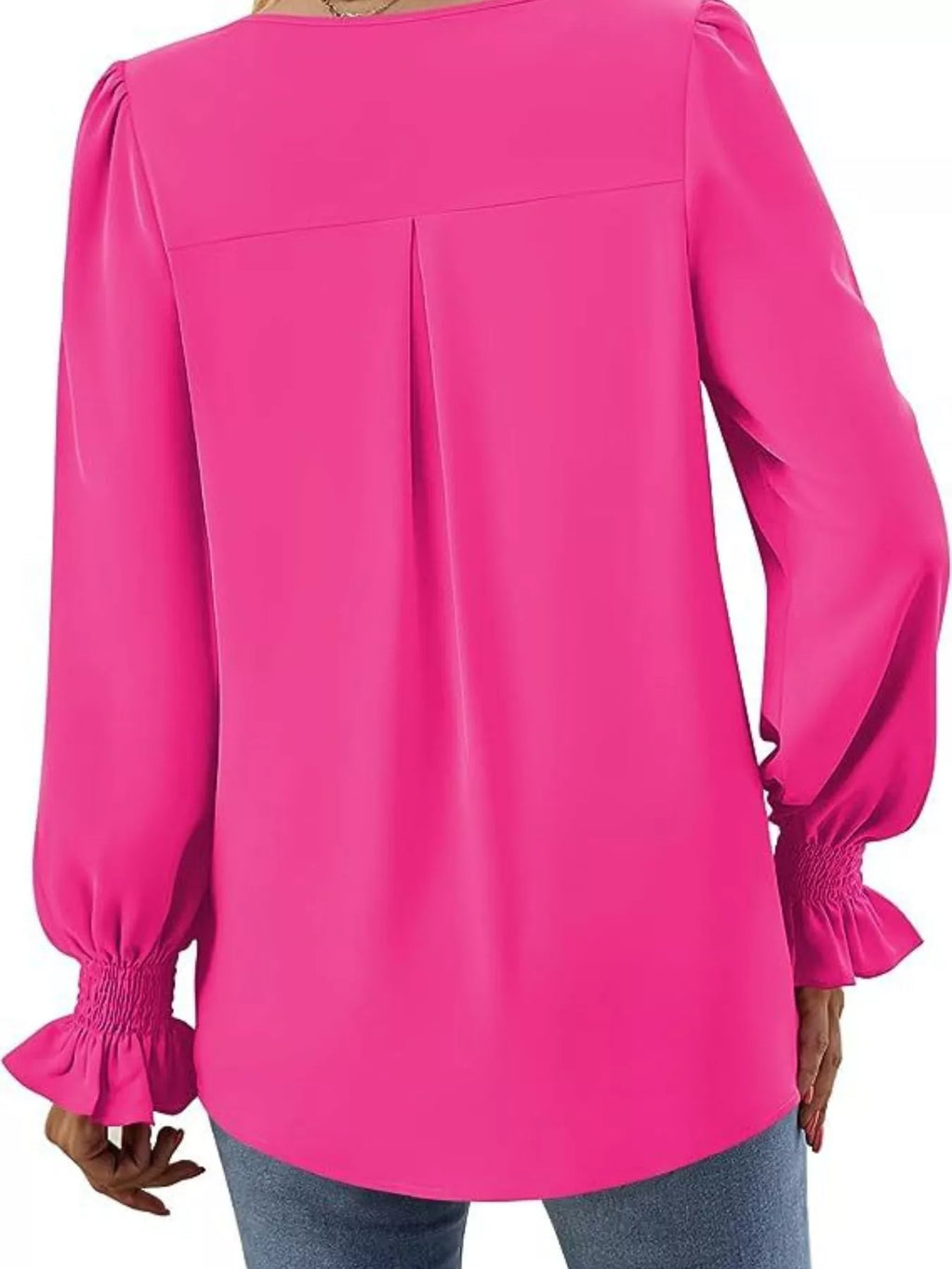 V-Neck Long Sleeve Ruffle Cuff Blouse