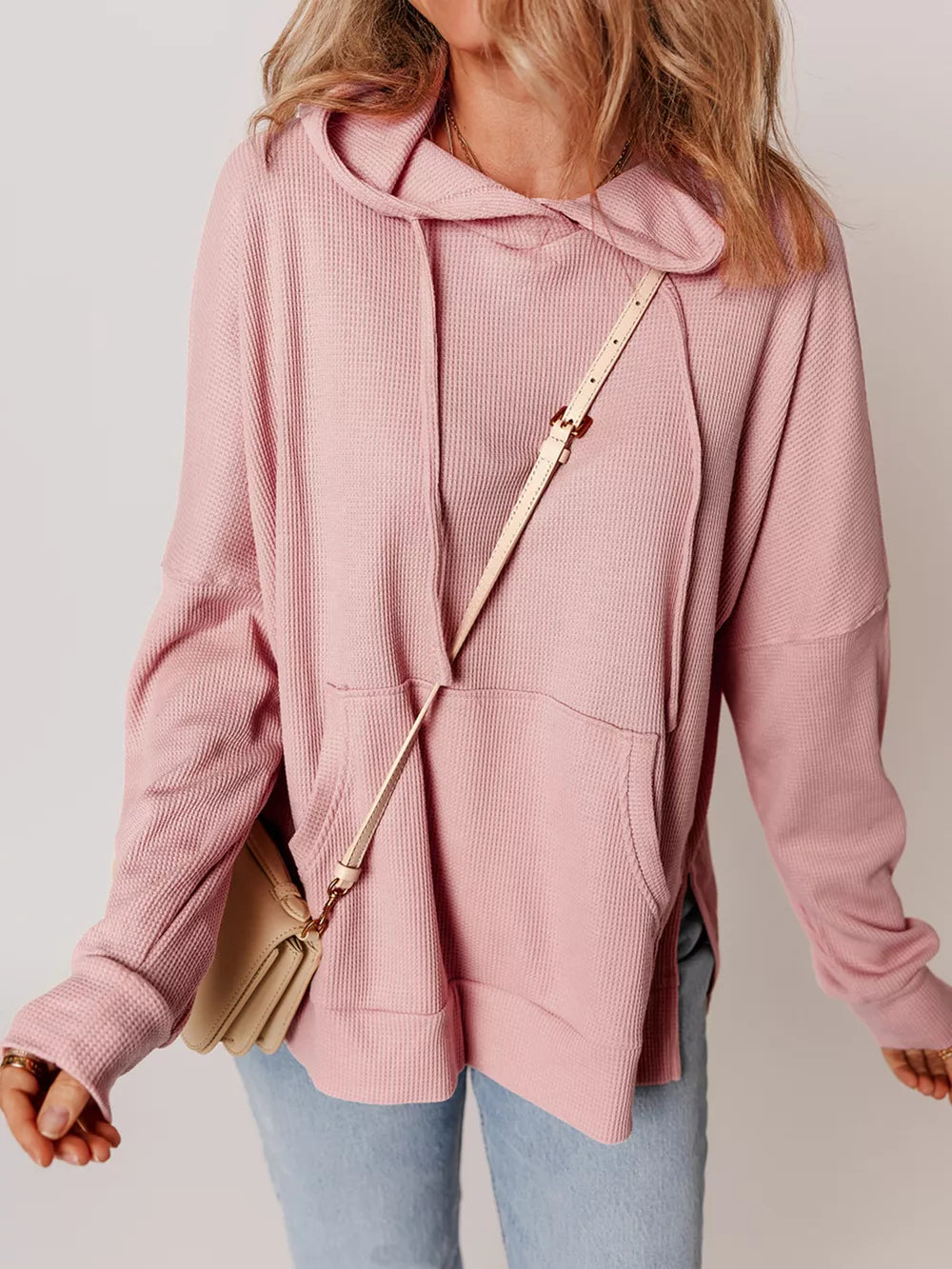 Waffle Knit Fleece Lined High Low Oversized Hoodie