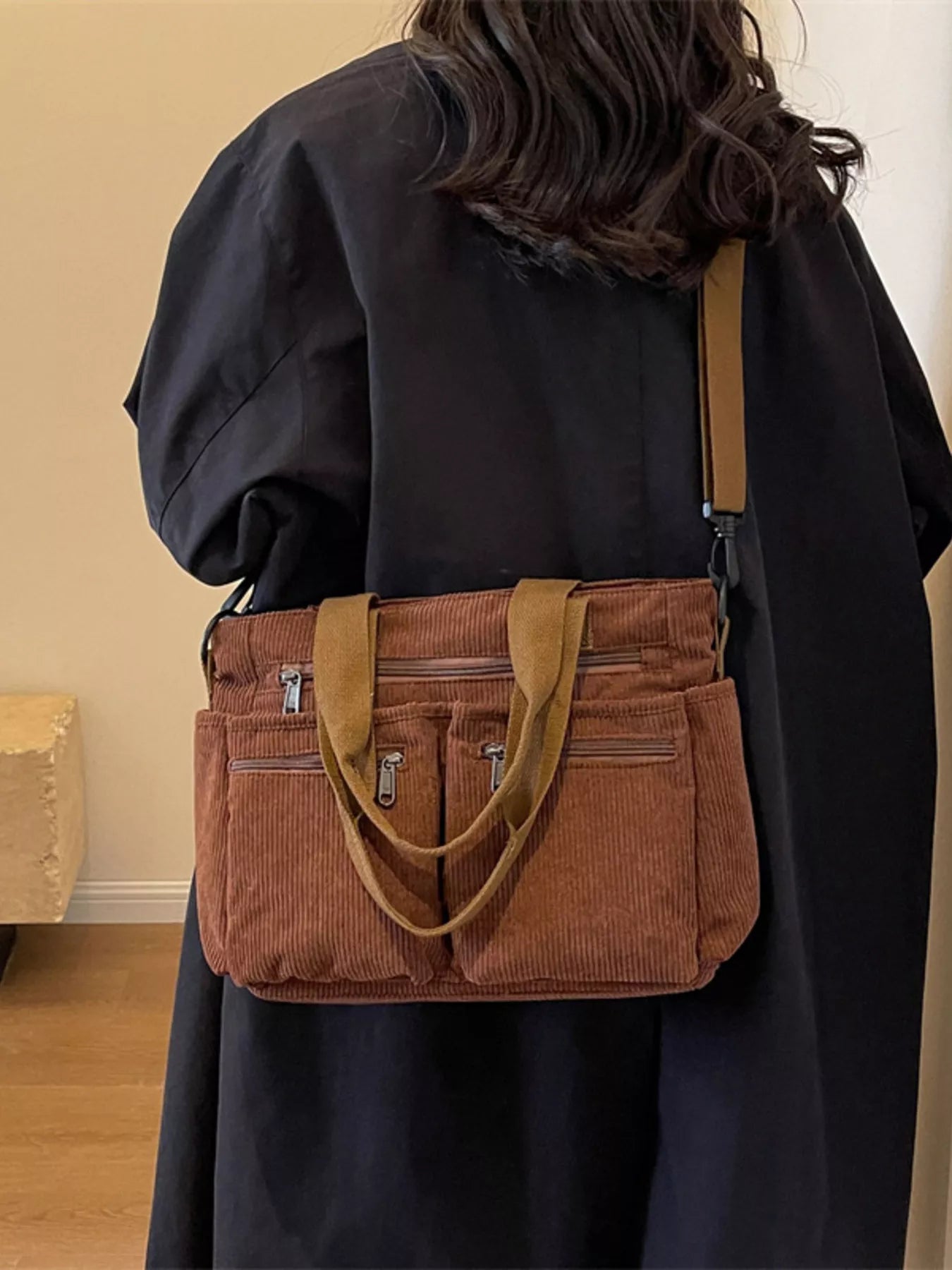 Corduroy Multi-Pocket Crossbody Bag