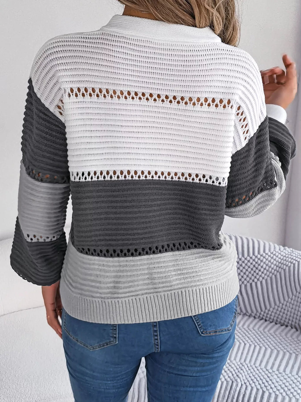 Color Block Striped V-Neck Button Detail Sweater