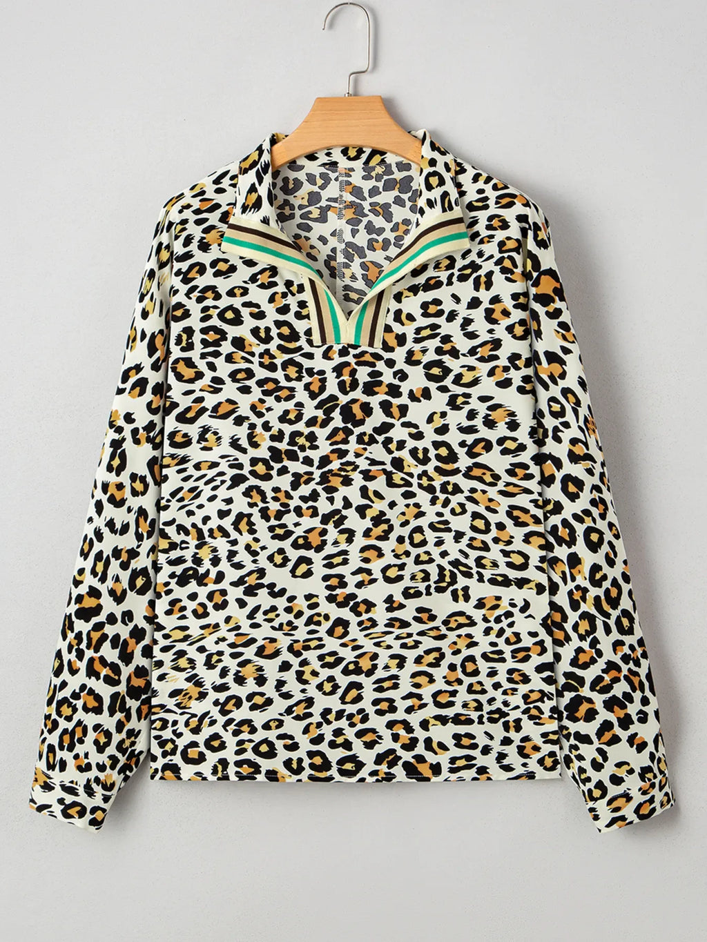 Leopard Print Contrast Striped V Neck Blouse