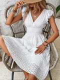 Eyelet Ruffled Cap Sleeve Mini Dress