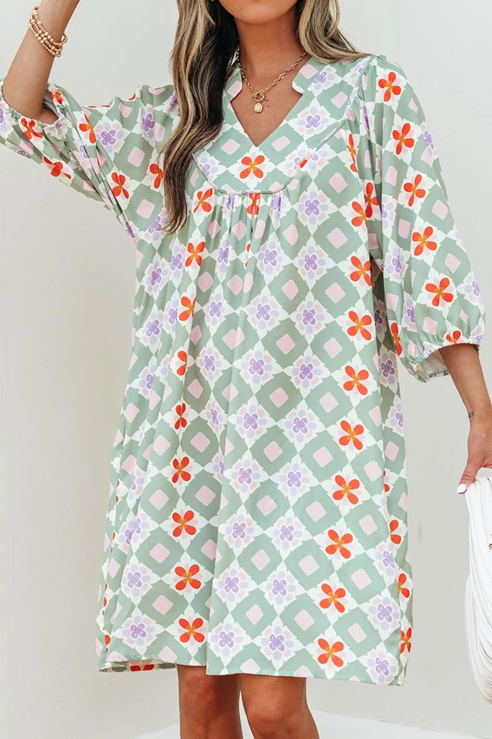 Printed Notched 3/4 Balloon Sleeves Loose Dress