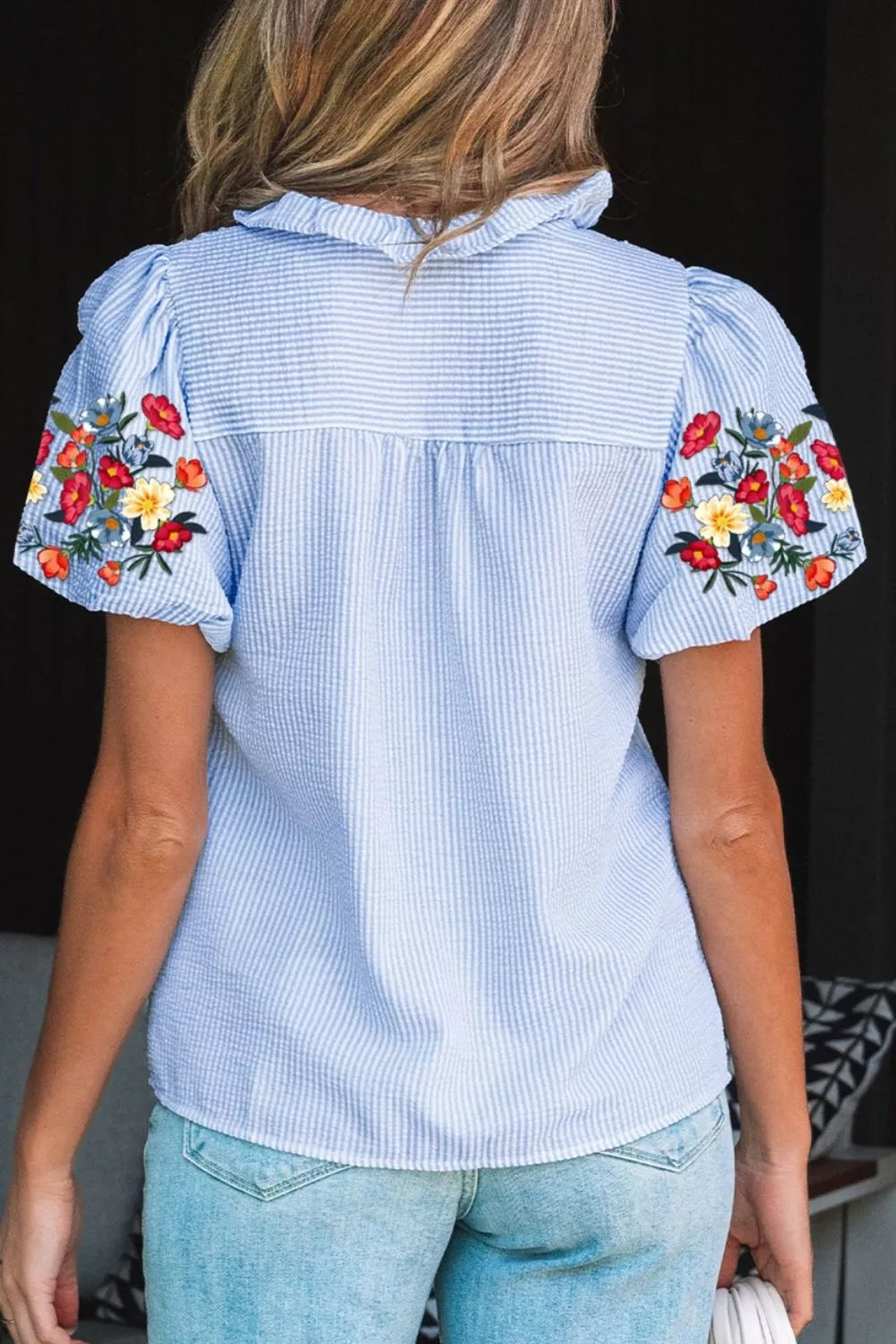 Stripe Floral Embroidered Puff Sleeve Ruffle Trim Shirt