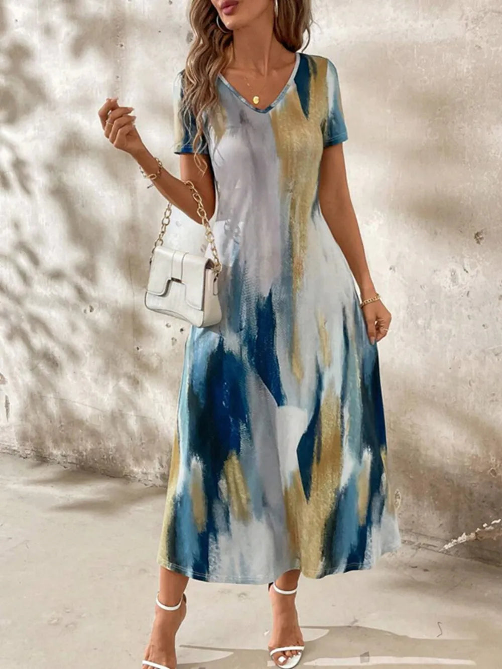 Tie-Dye V-Neck Short Sleeve Midi Tee Dress