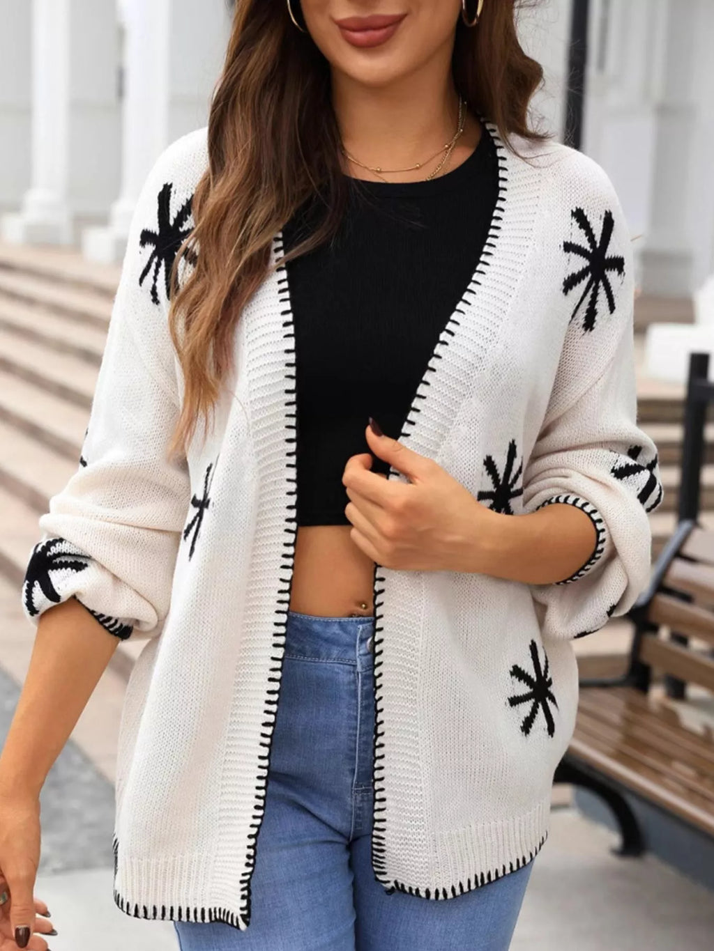 Flower Pattern Open Front Knit Cardigan