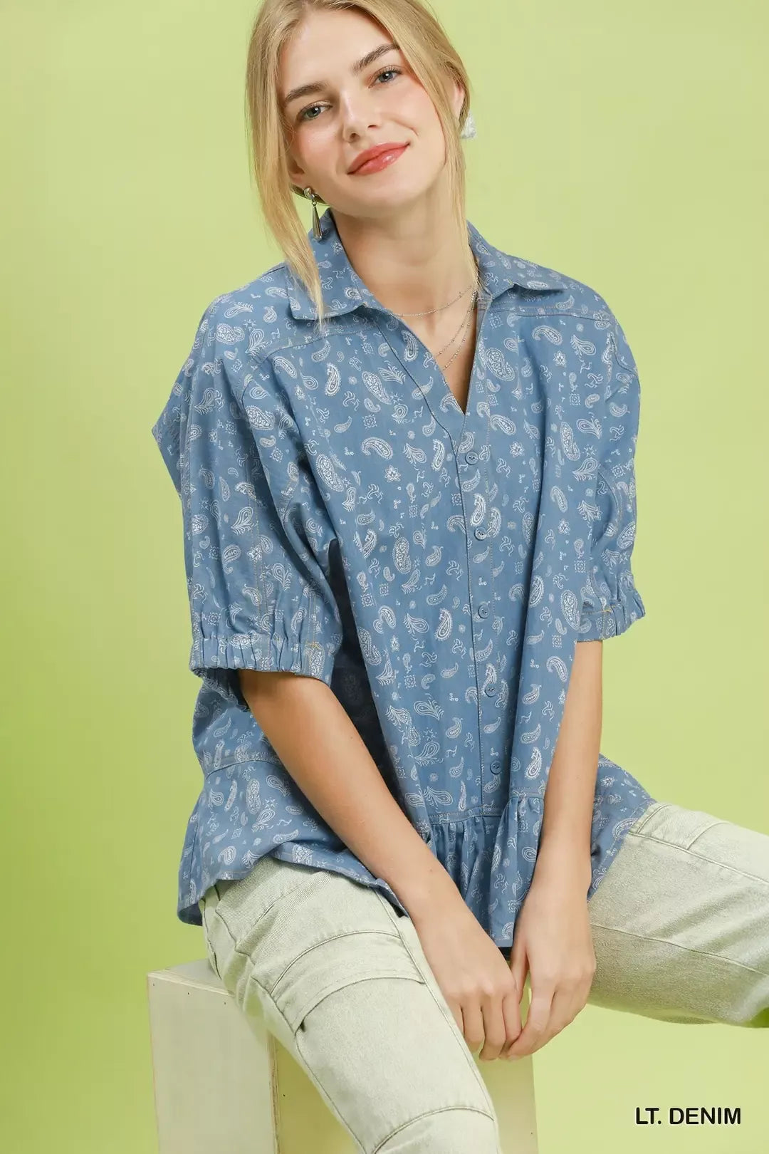 Umgee Paisley Print Chambray Top