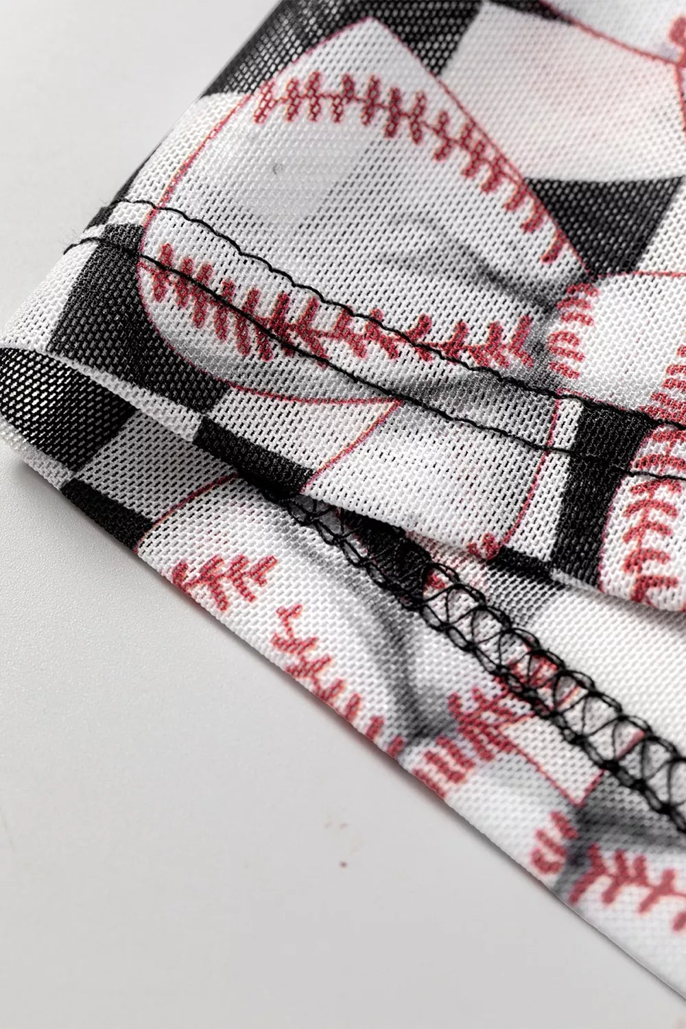 Checkered Baseball Bow Print High Neck Long Sleeve Mesh Top