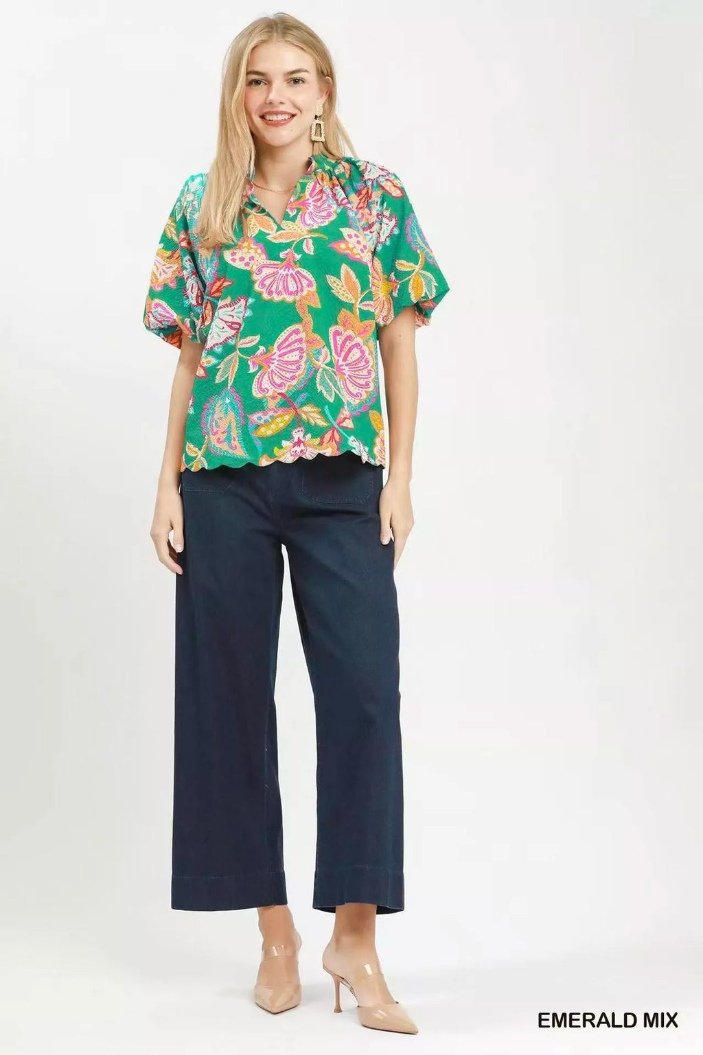 Umgee Mix Floral Print Scallop Hem Blouse