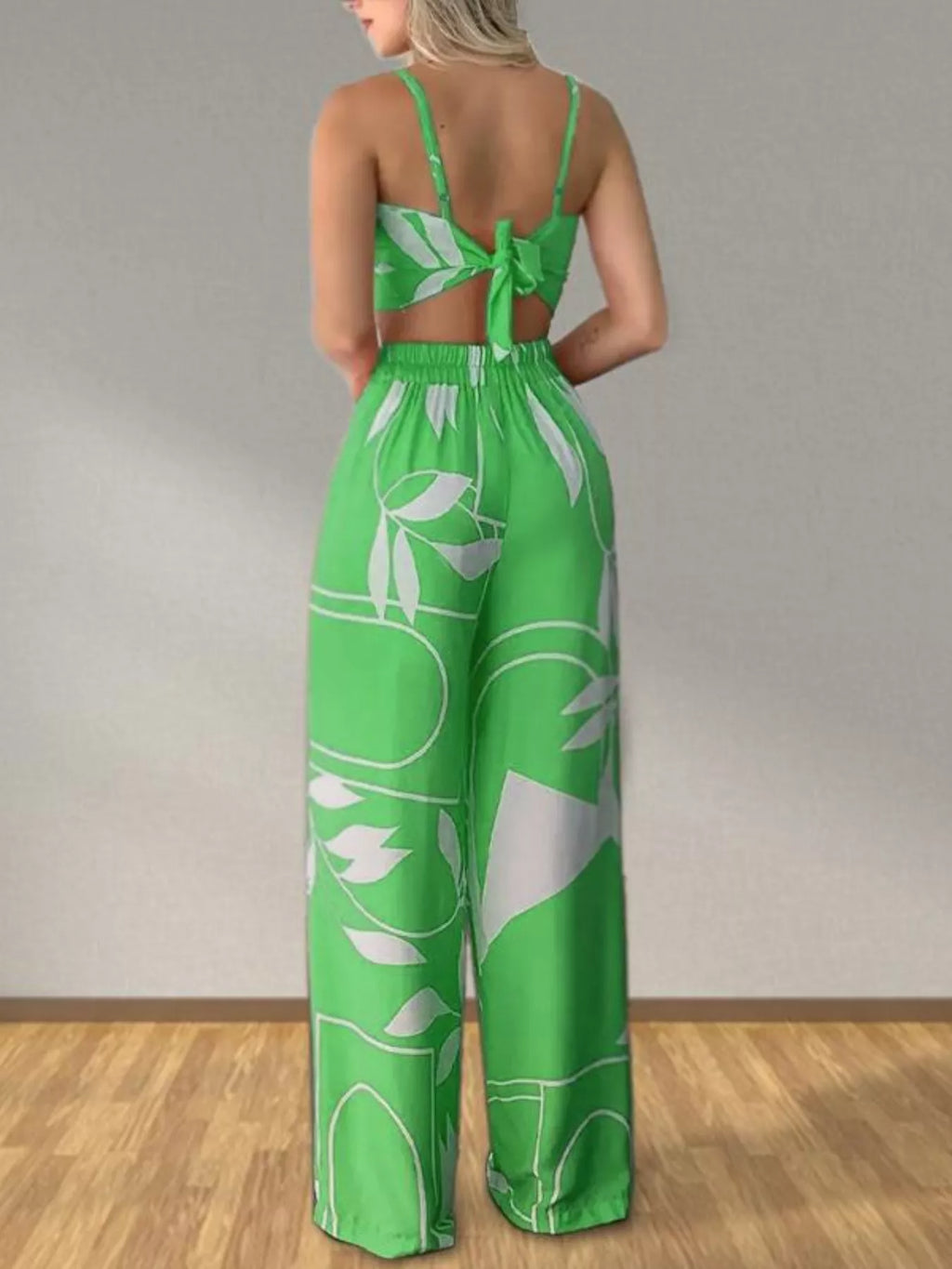 Tropical Print Spaghetti Strap Crop Top and Wide Leg Pants Set
