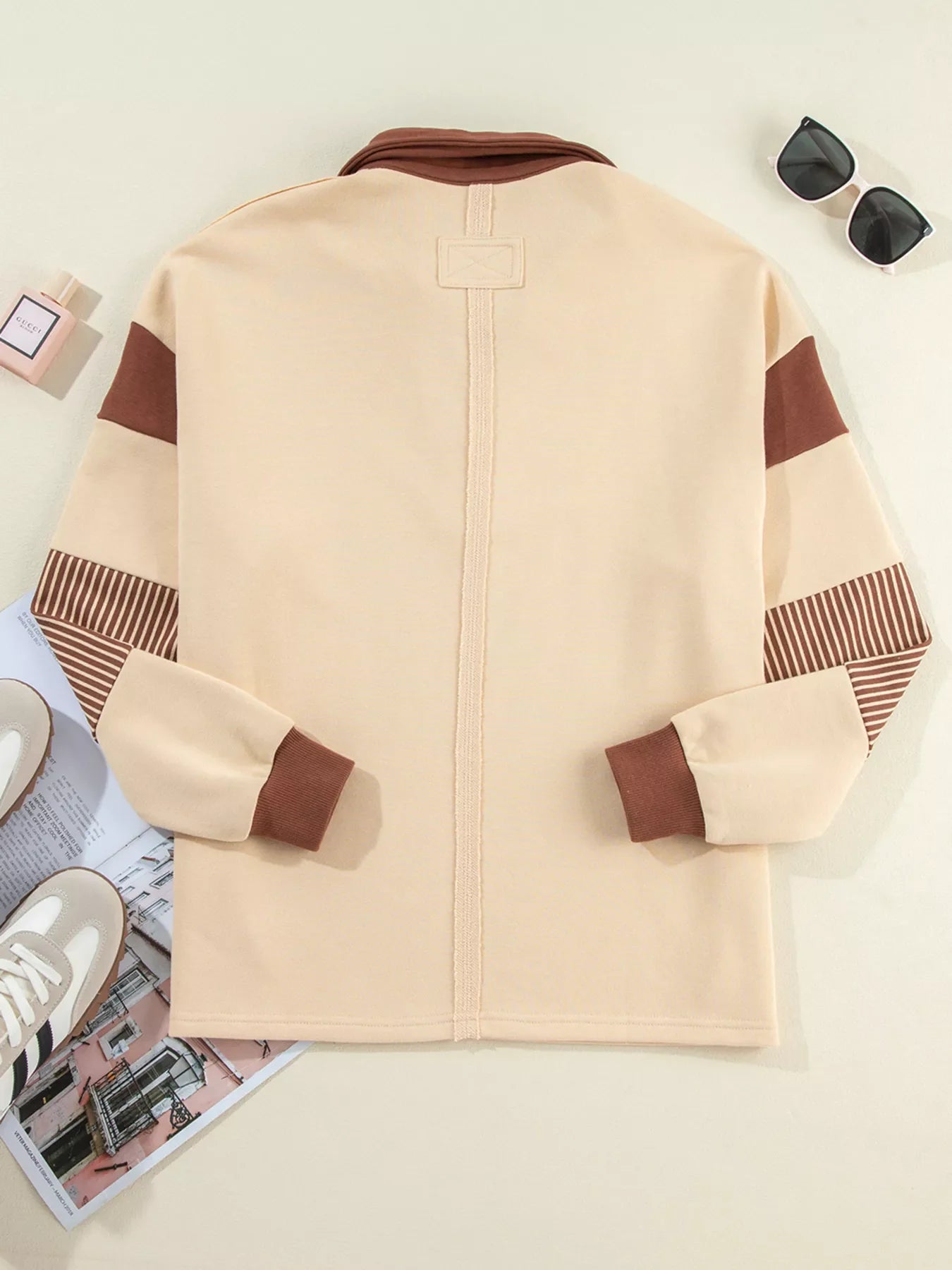 Color Block Striped Patchwork Sequin Rugby Graphic Polo Sweatshirt