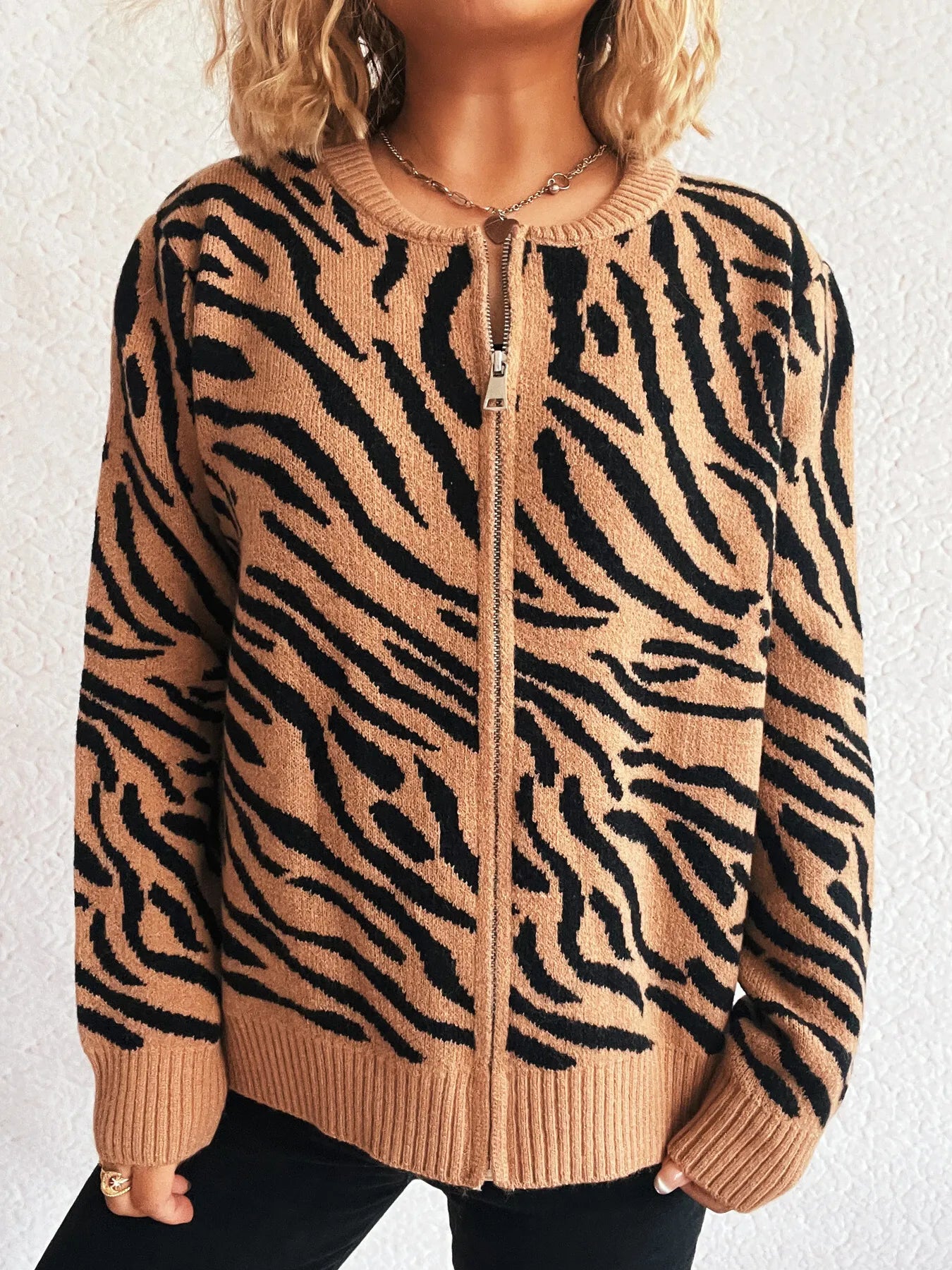 Zebra Print Zip Up Cardigan