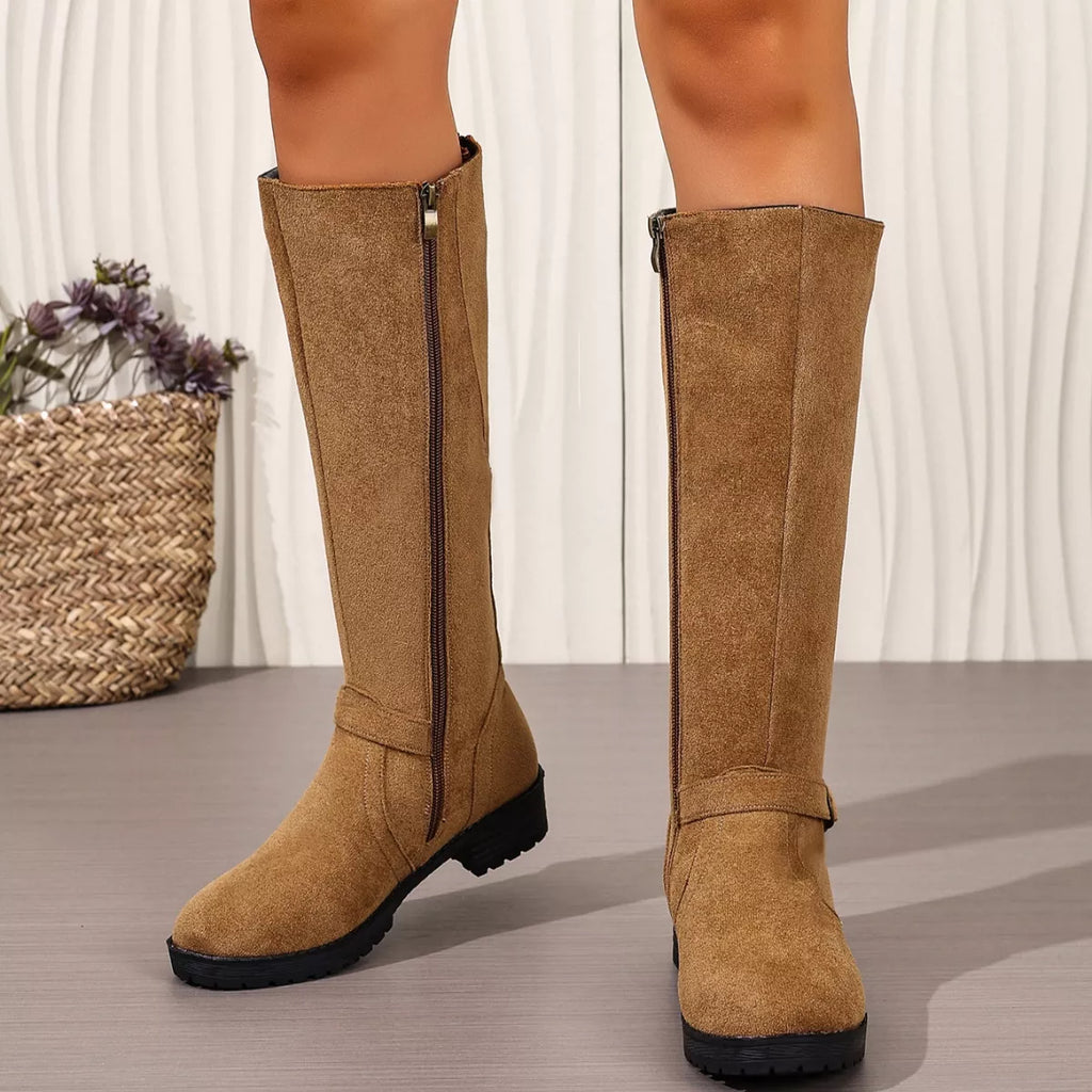 Knee-High Suede Buckle Accent Boots