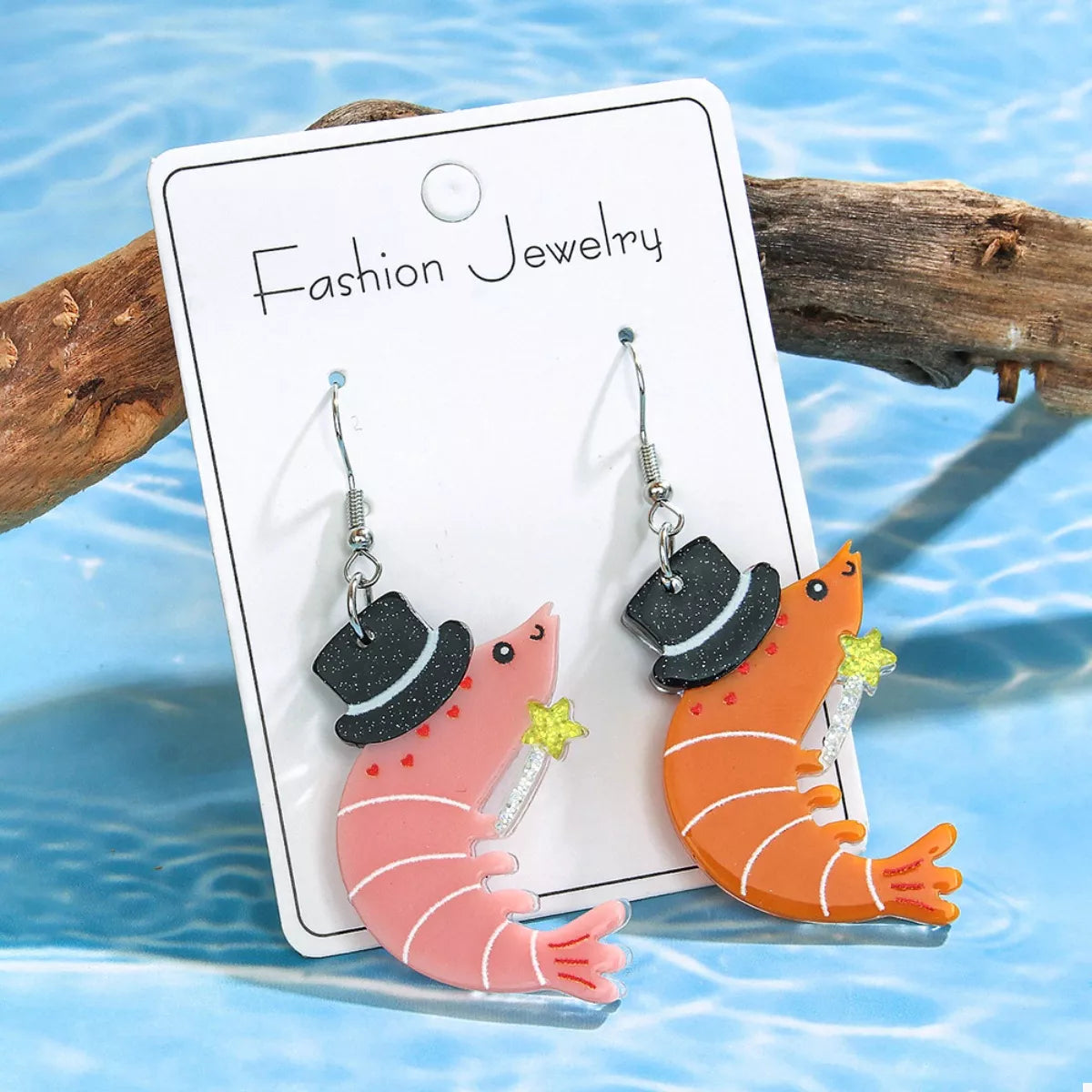 Whimsical Shrimp Earrings with Top Hats