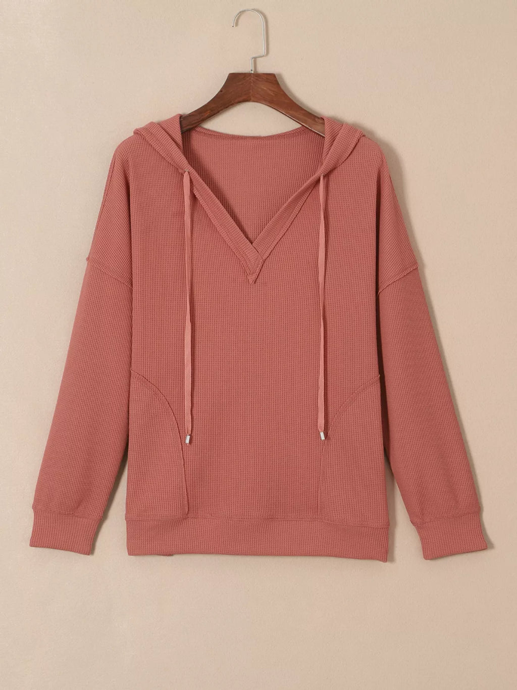 Drawstring V-Neck Waffle Knit Casual Hoodie