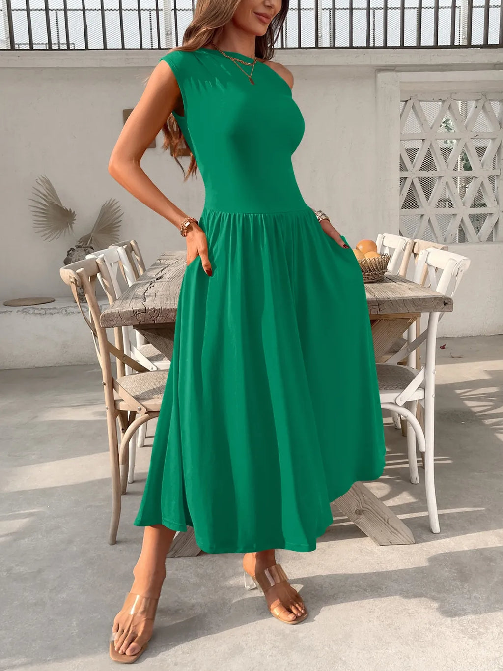 Single Shoulder Midi Dress with Pockets