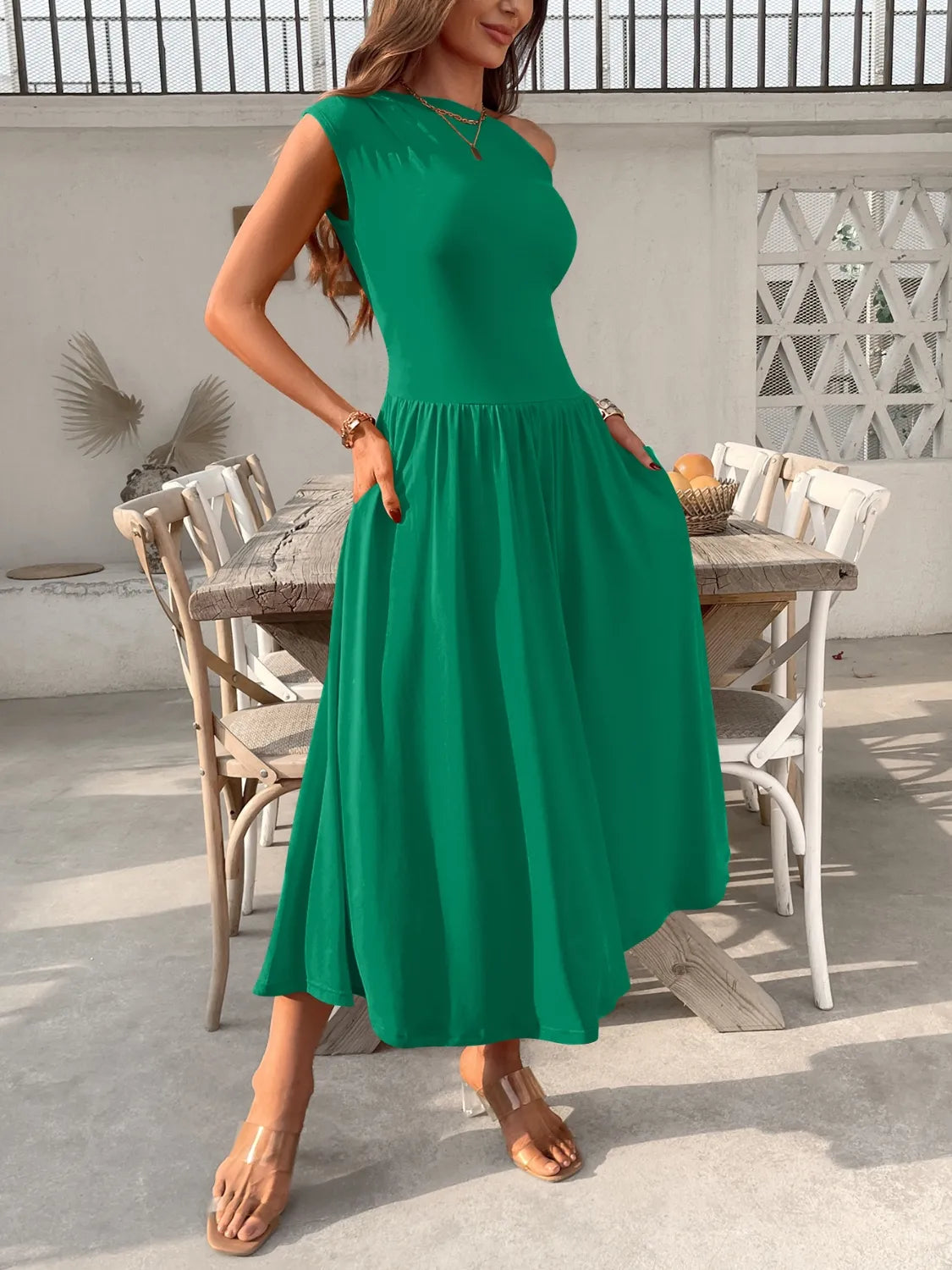 Single Shoulder Midi Dress with Pockets