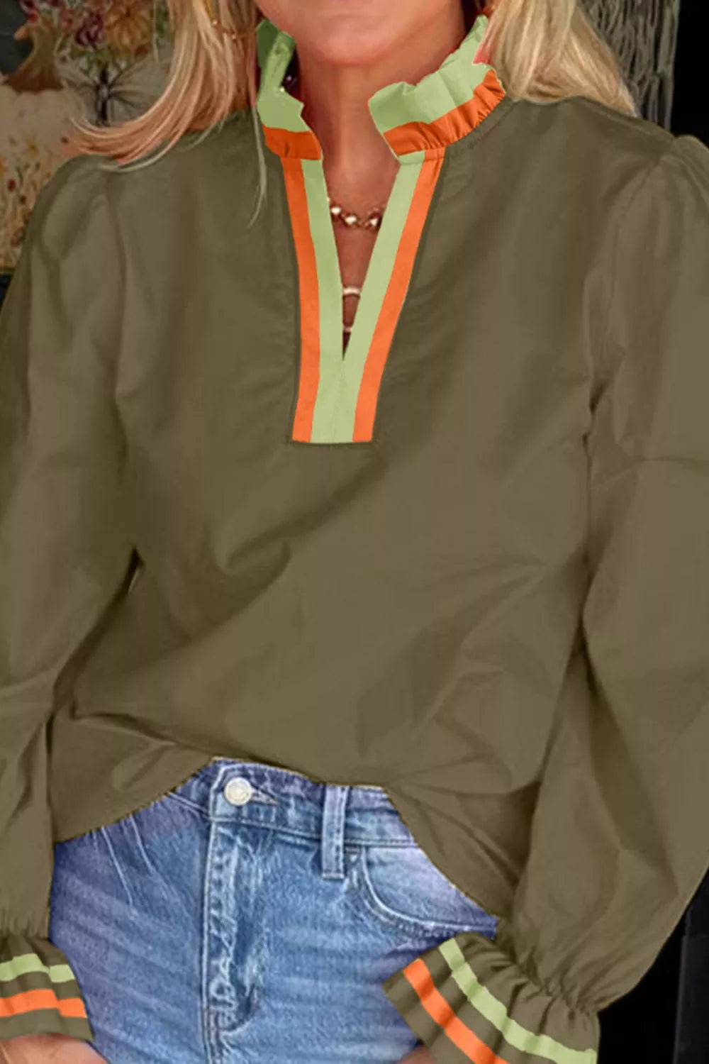 Notched Flounce Sleeve Blouse