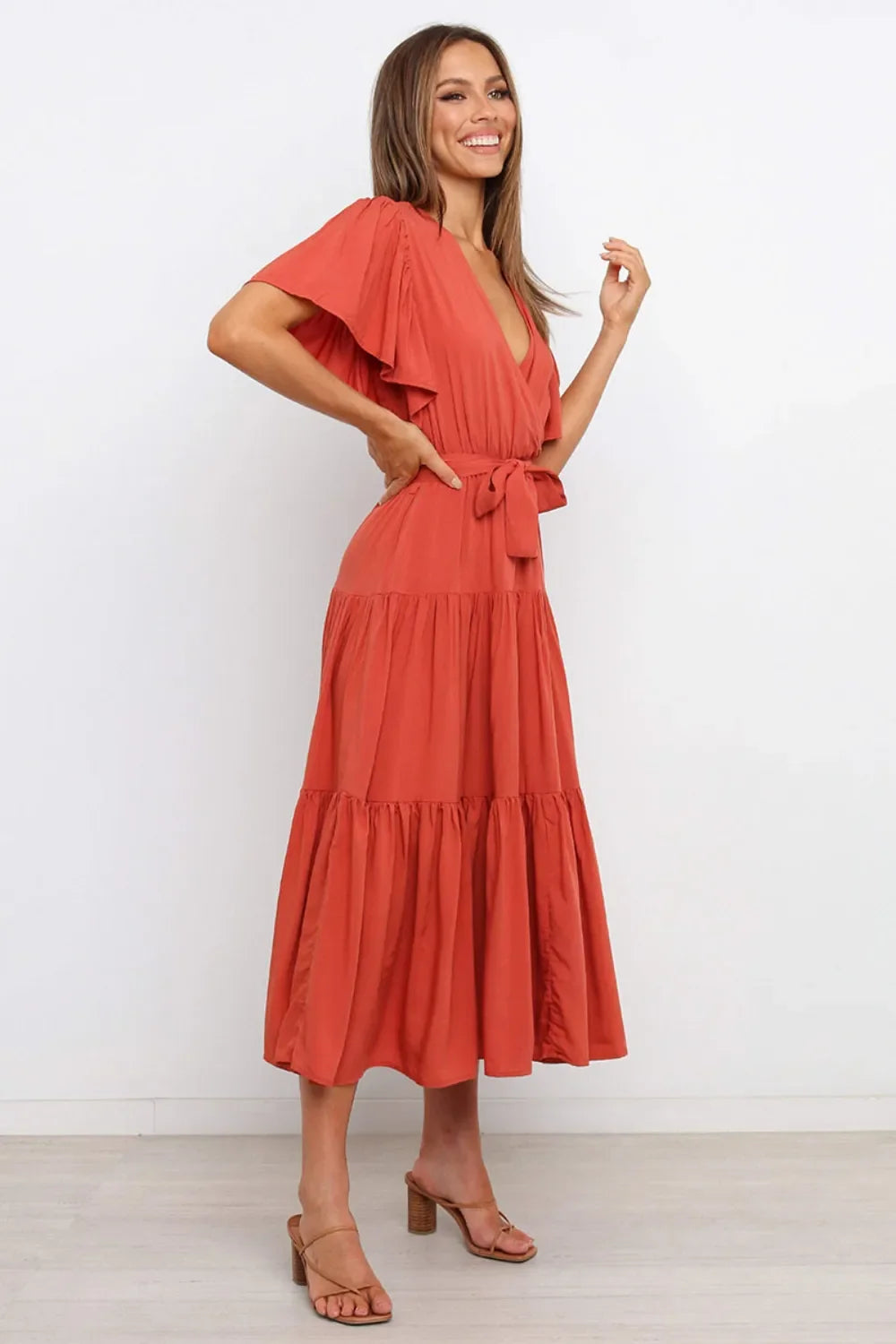 Tied Tiered Short Sleeve Midi Dress