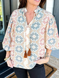 Bohemian Geometric Print Blouse with Tassel Tie