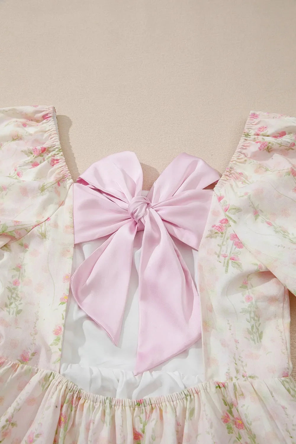 Floral Puff Sleeve Square Neck Knotted Open Back Ruffled Mini Dress