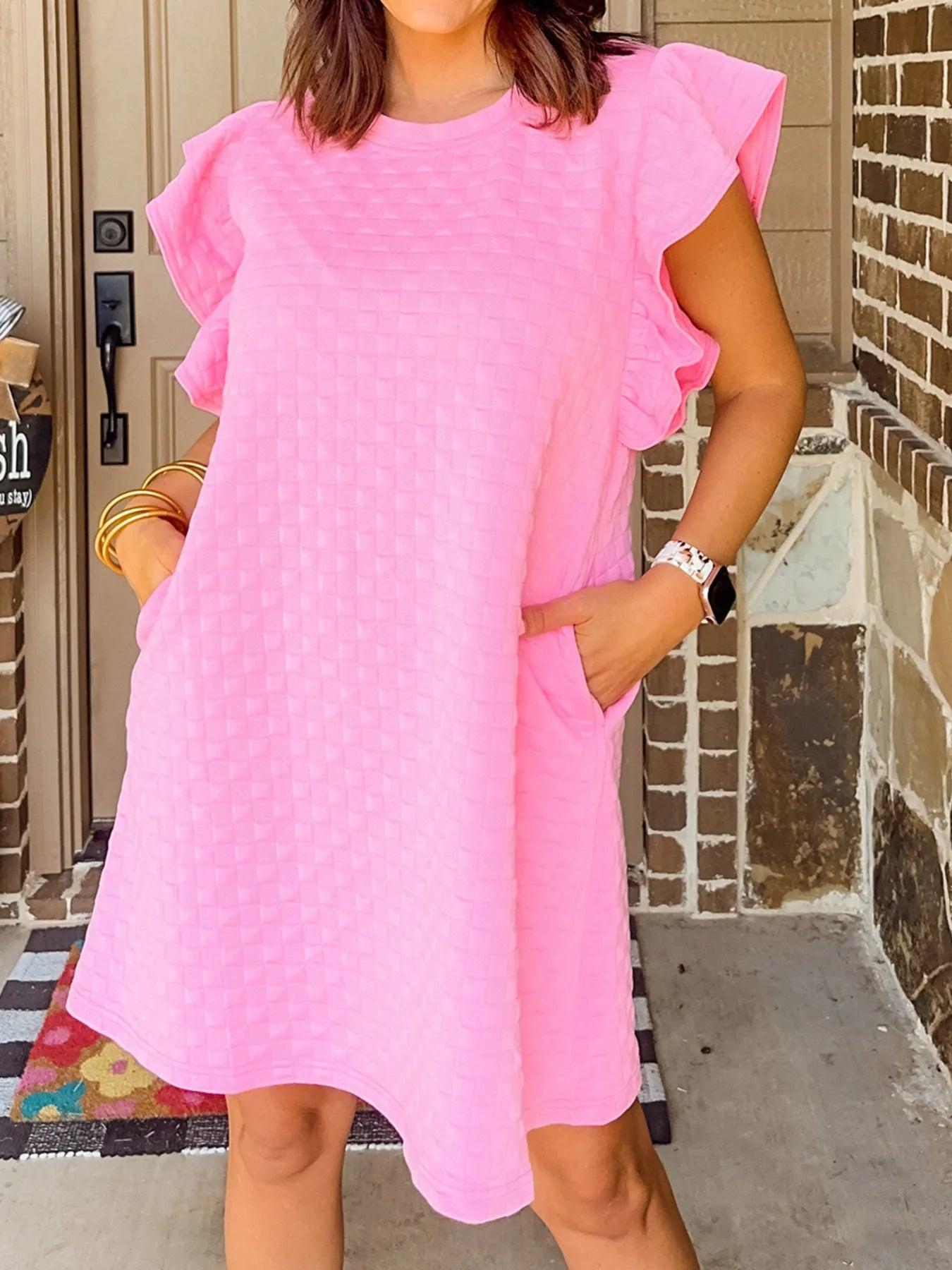 Textured Ruffle Sleeve Casual Summer Dress