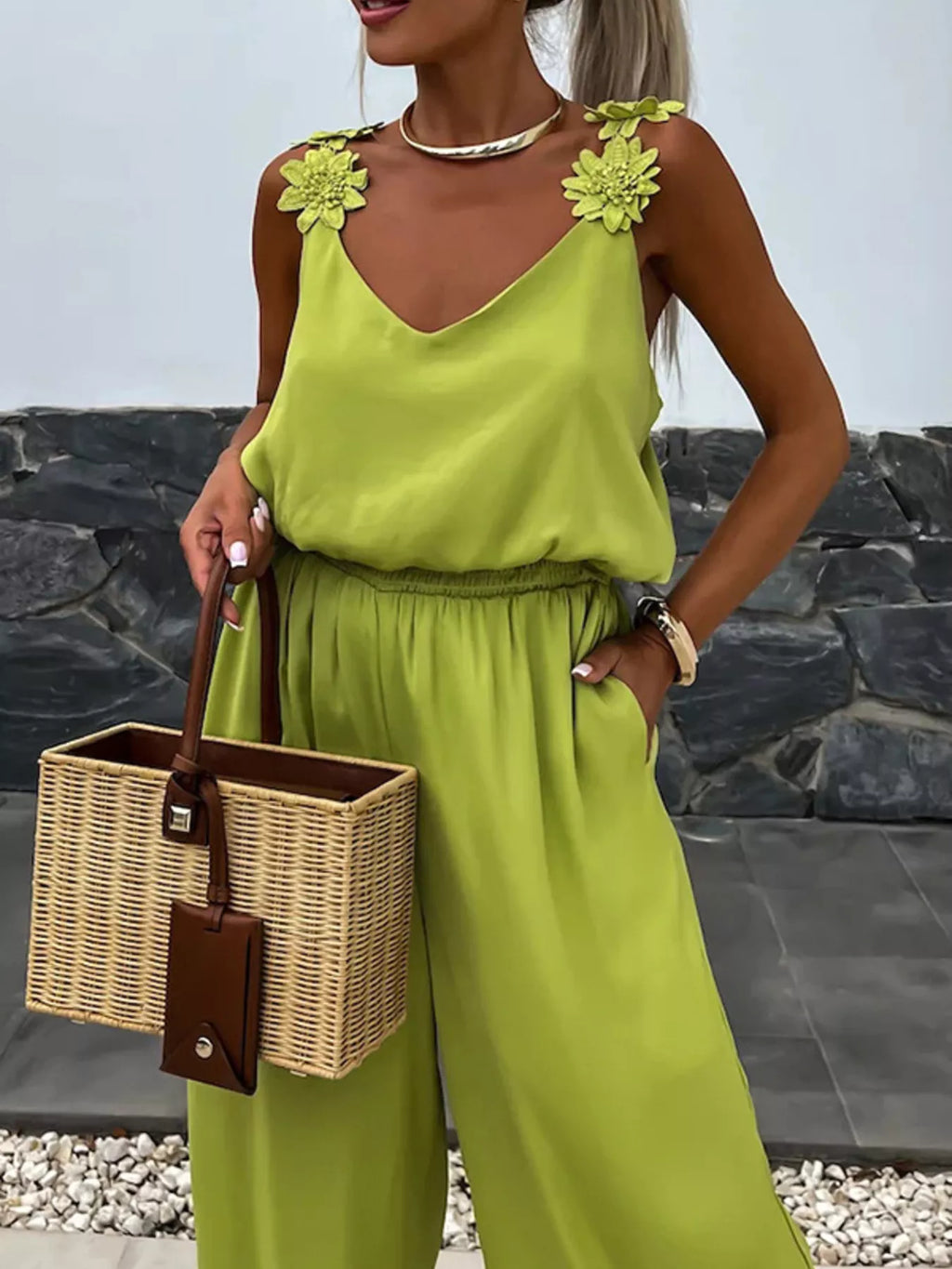Floral Applique V-Neck Wide Leg Jumpsuit