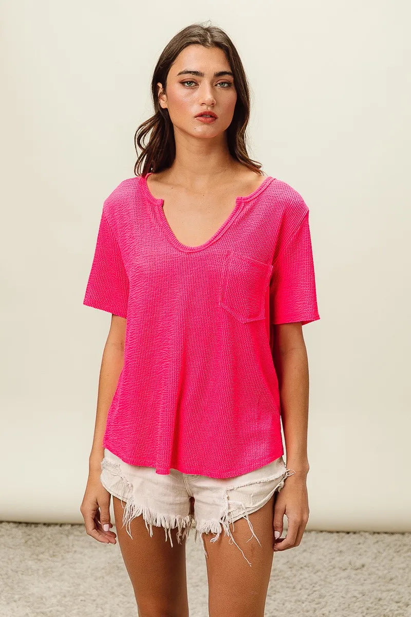 BiBi Waved Rib U Neck Top With Front Pocket