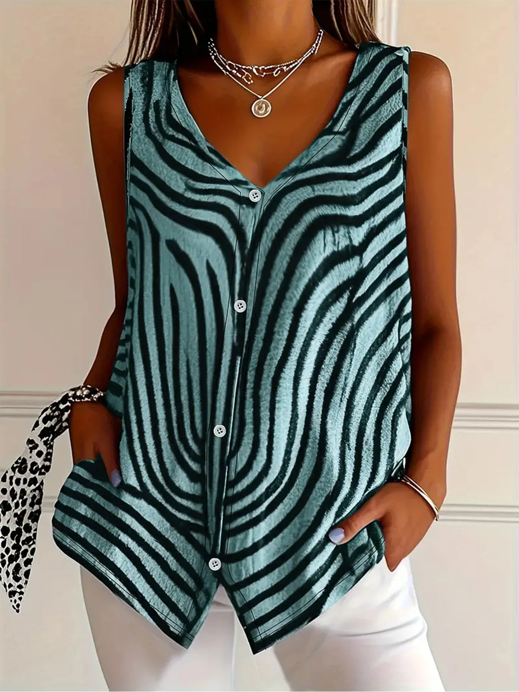 Sleeveless Zebra Print Button-Up Tank Top