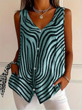 Sleeveless Zebra Print Button-Up Tank Top
