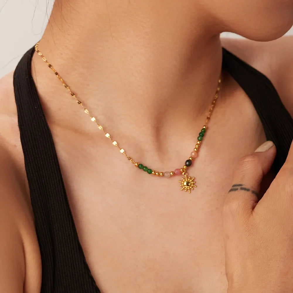 Bohemian Sun Charm Beaded Stainless Steel Necklace