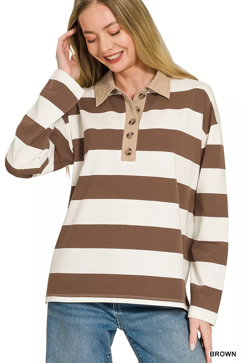 Zenana Striped Contrast Collar Polo Tee