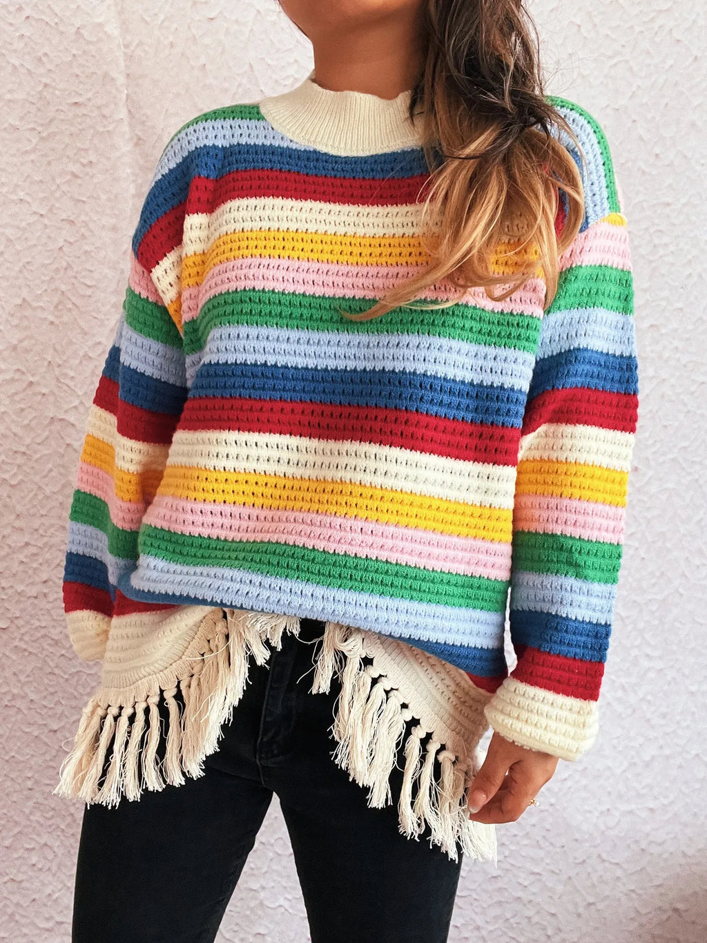 Tassel Rainbow Striped Long Sleeve Sweater
