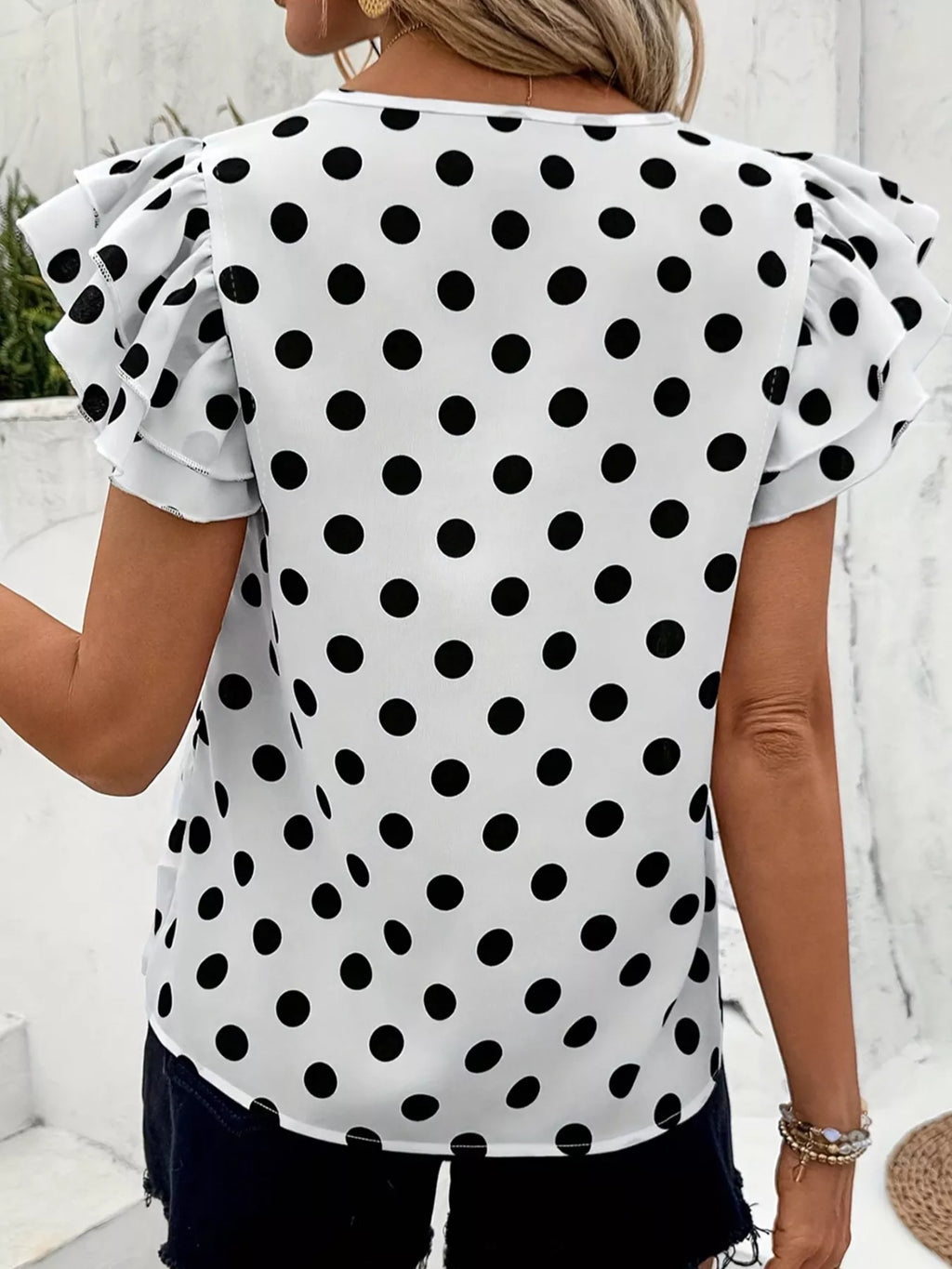 Polka Dot Print Ruffled Short Sleeve Blouse