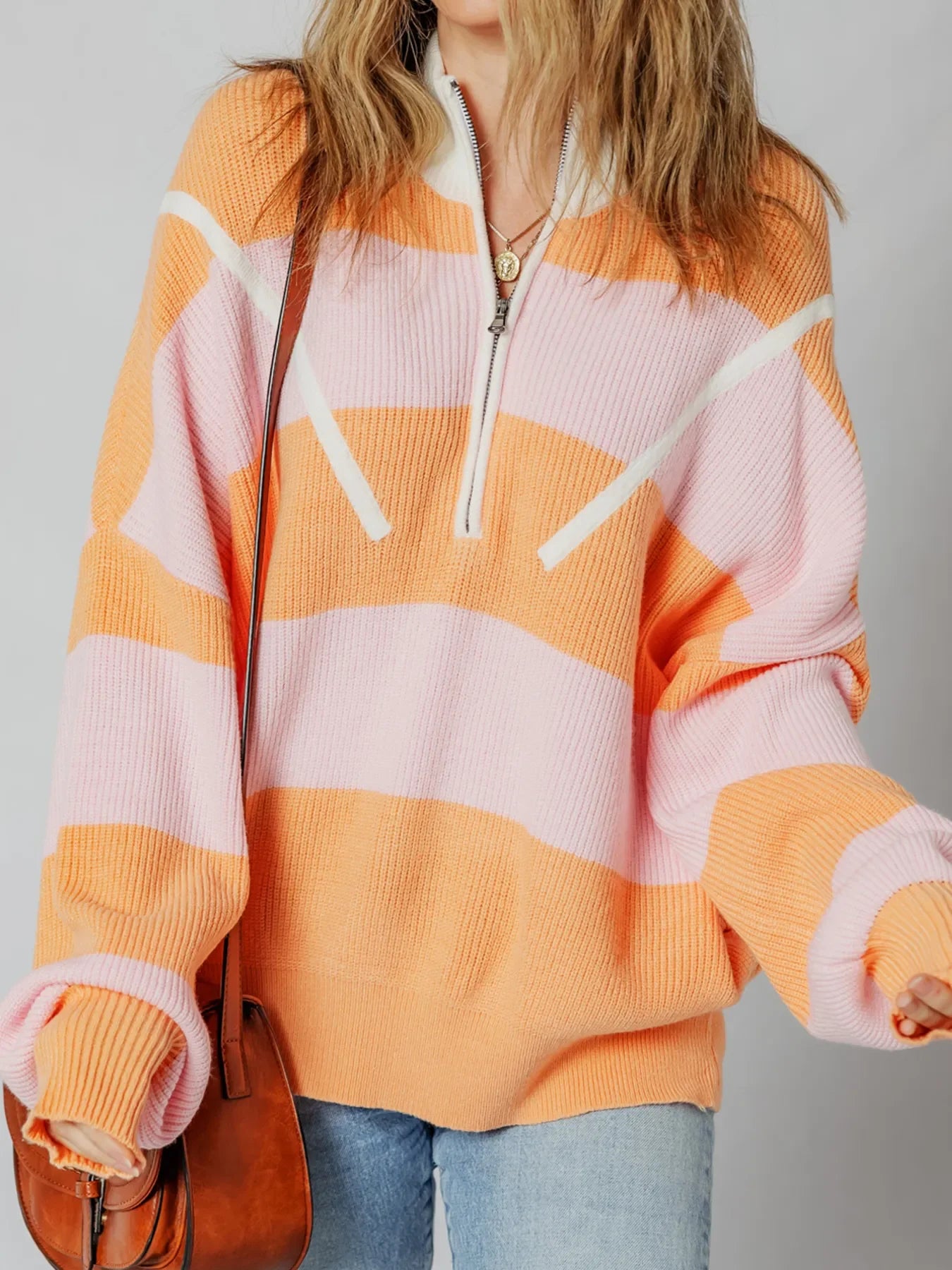 Stripe Color Block Half Zip Oversize Sweater
