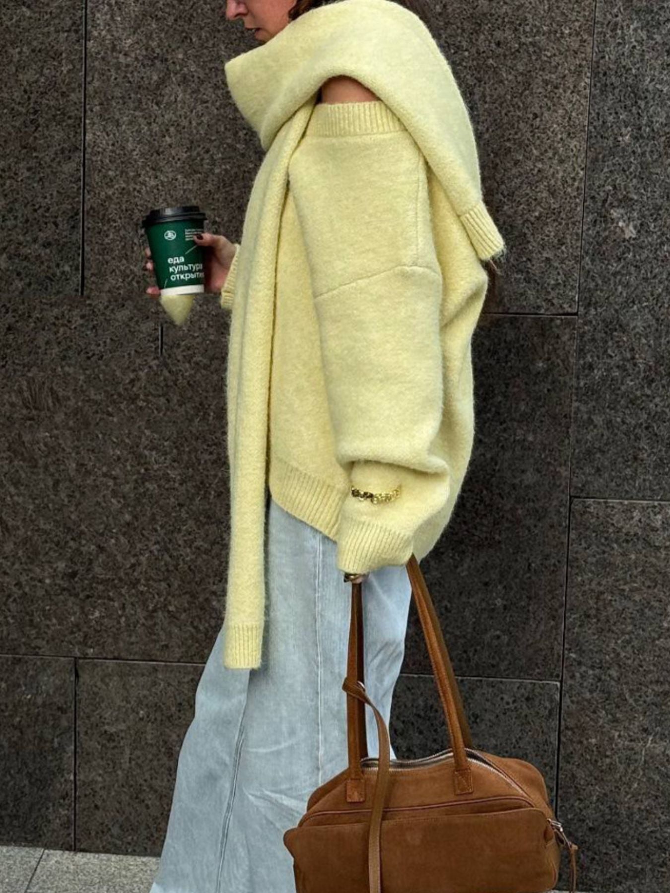 Oversized V-Neck Dropped Shoulder Sweater with Scarf