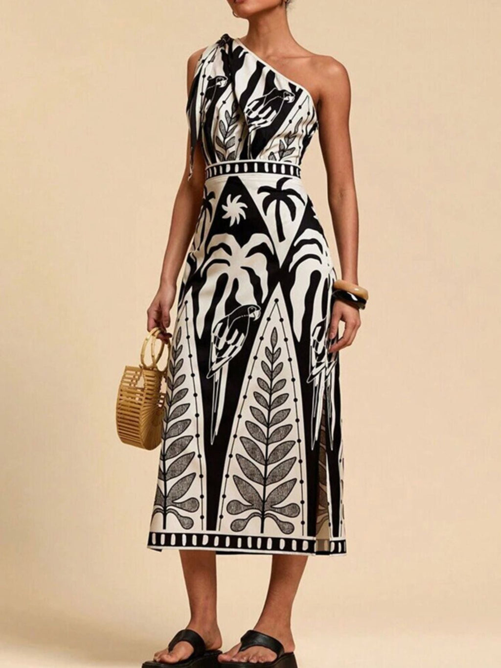 One-Shoulder Tropical Print Midi Dress