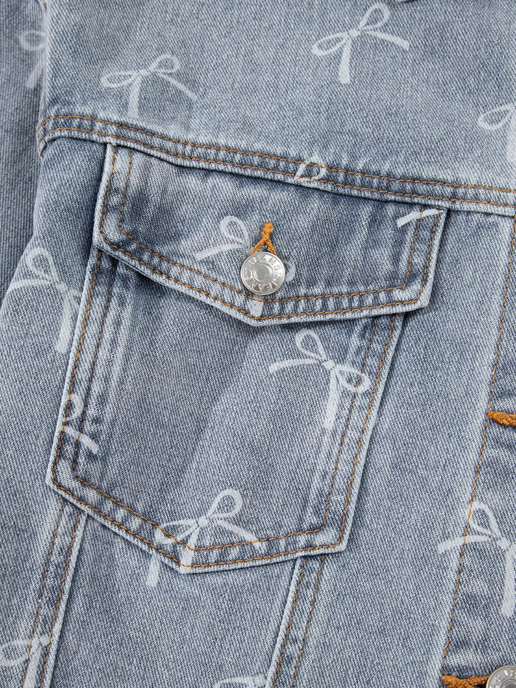 Bow Knot Print Light Wash Raw Hem Denim Jacket