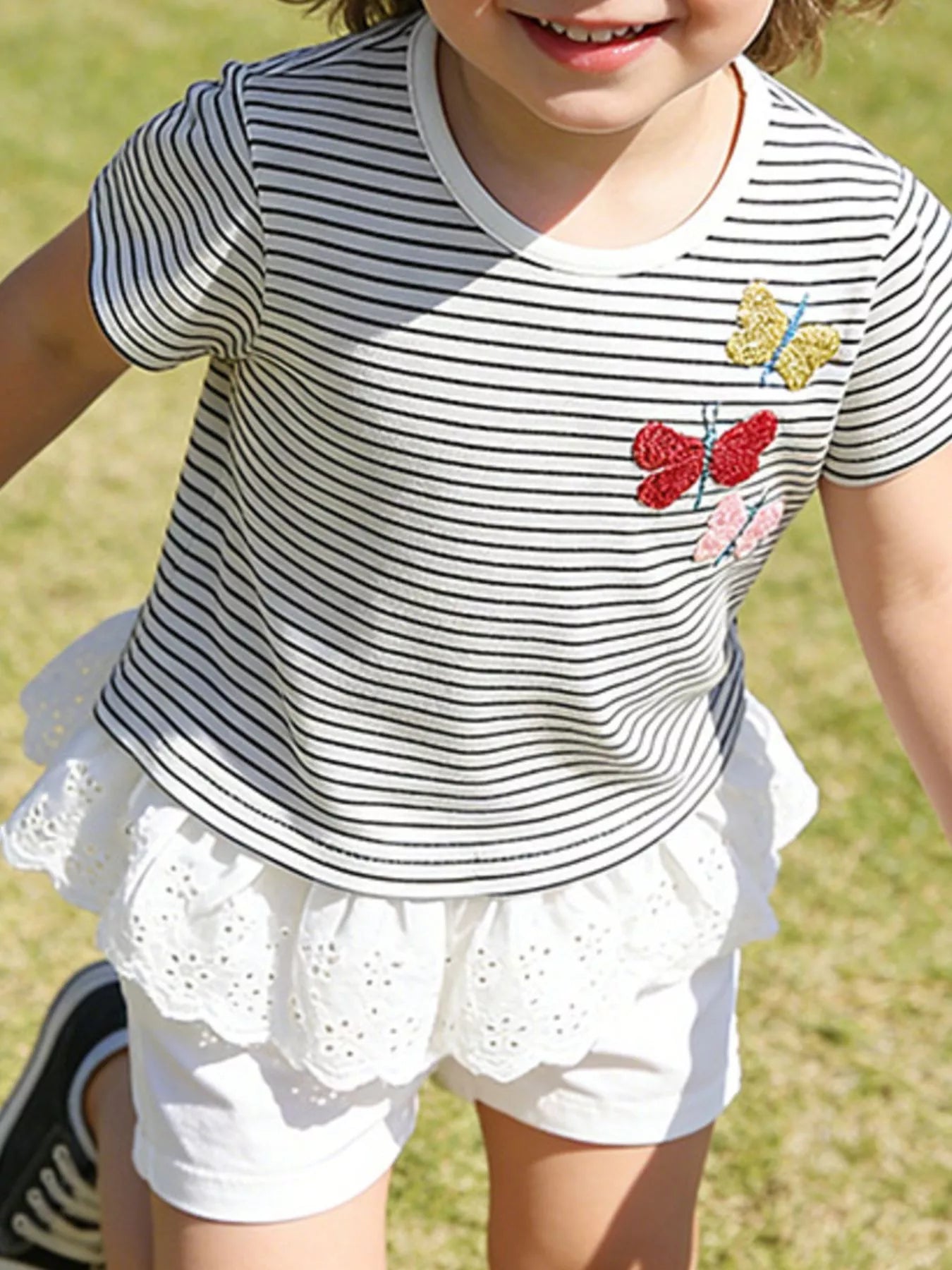 Children's Striped Butterfly Embroidered Ruffle Hem T-Shirt