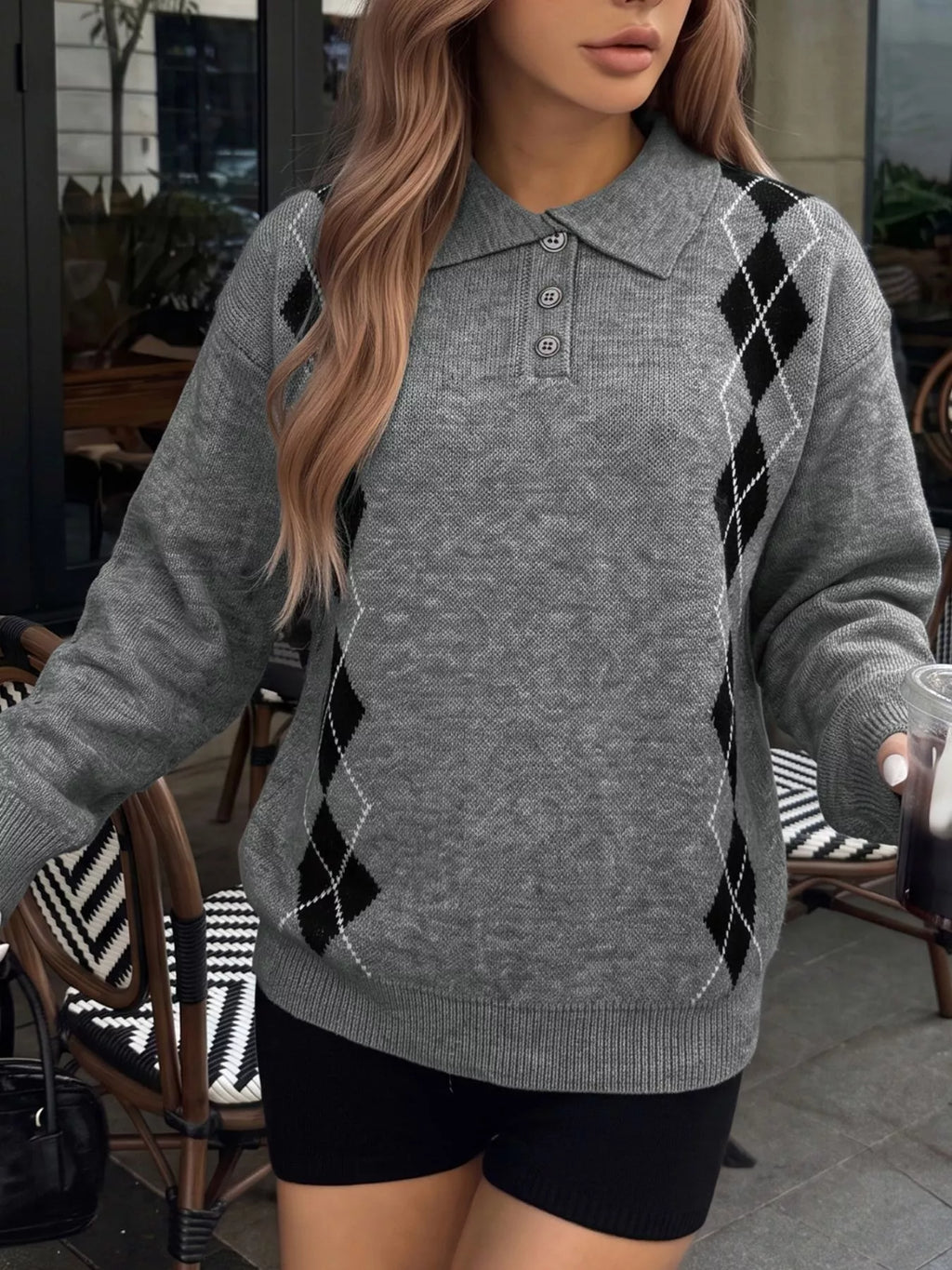 Argyle Patterned Polo Collar Sweater