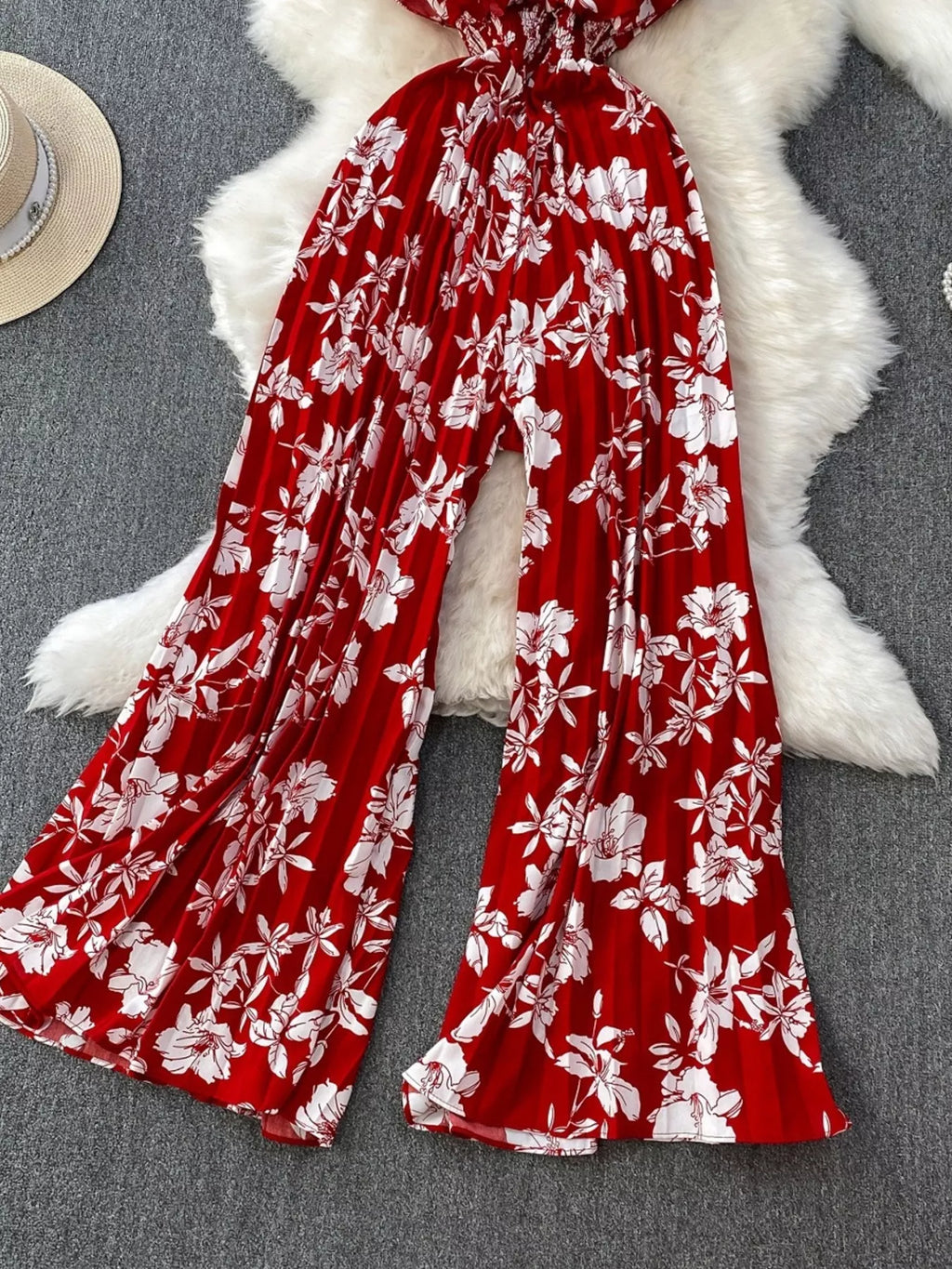 Floral Print Wide Leg Pleated Jumpsuit