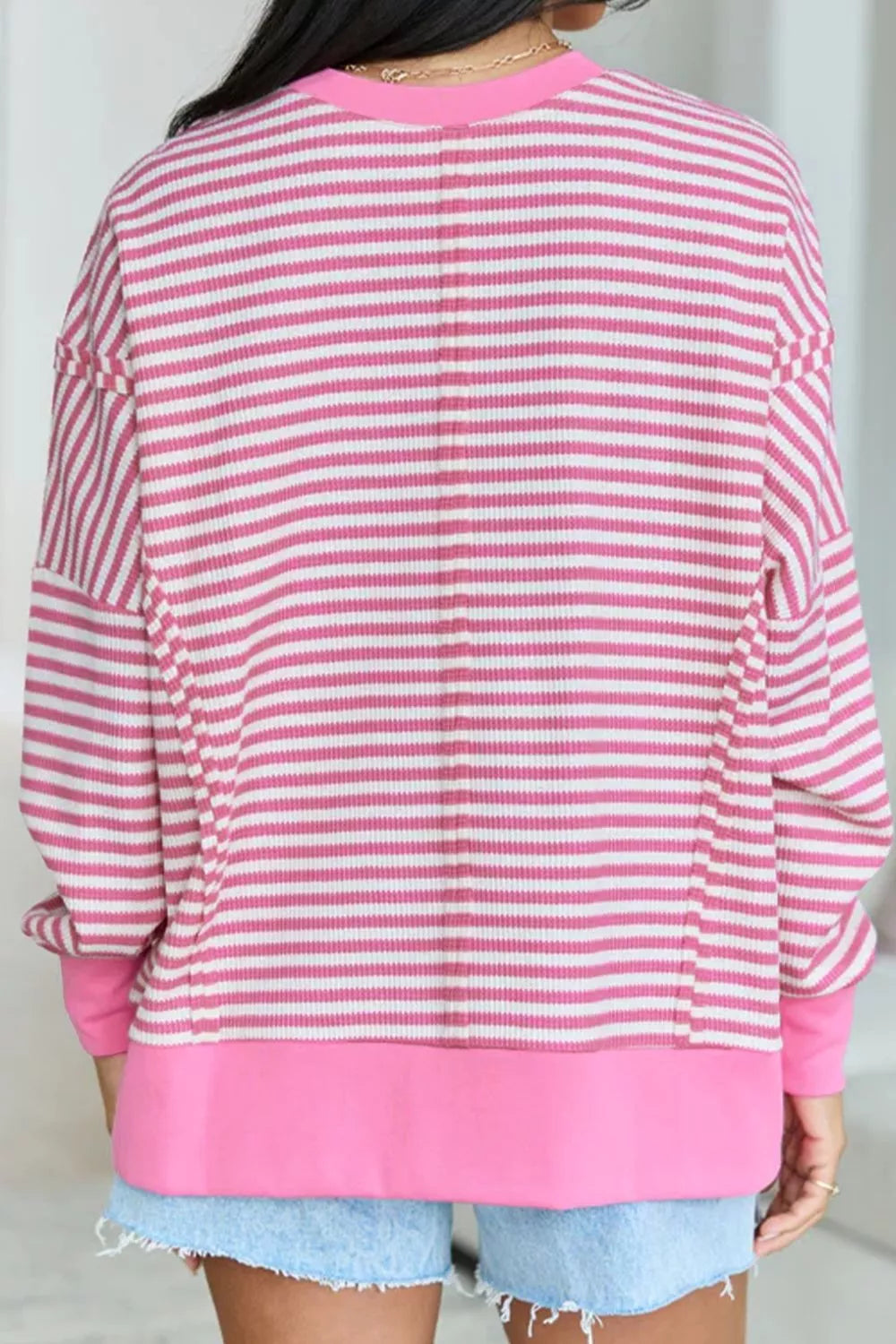 Stripe Textured Knit Color Block Trim Split Hem Long Sleeve Top