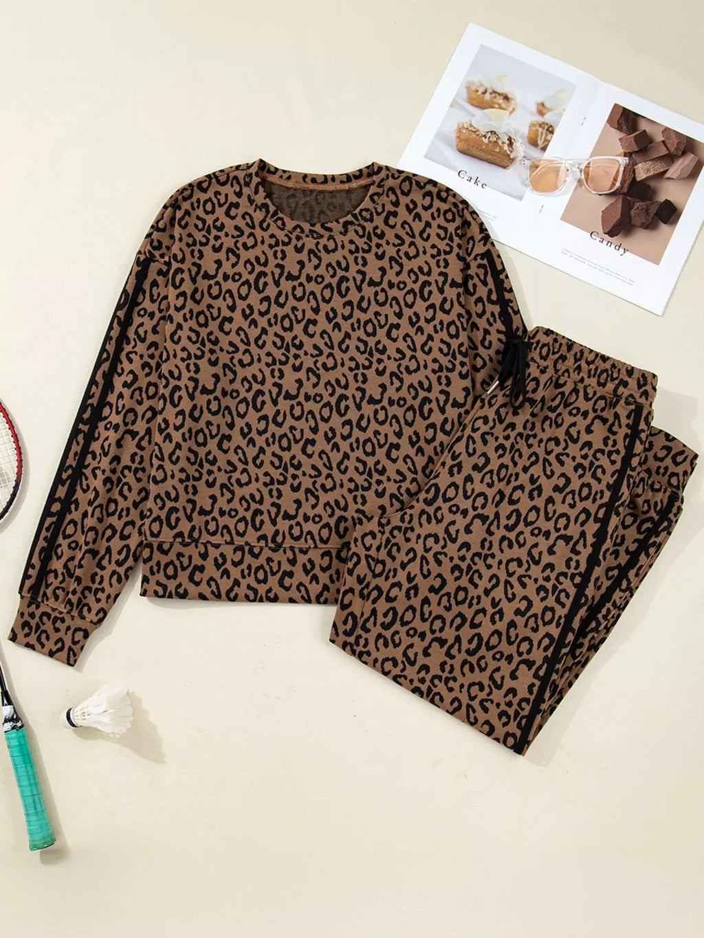 Striped Trim Leopard Long Sleeve Top Drawstring Pant Set
