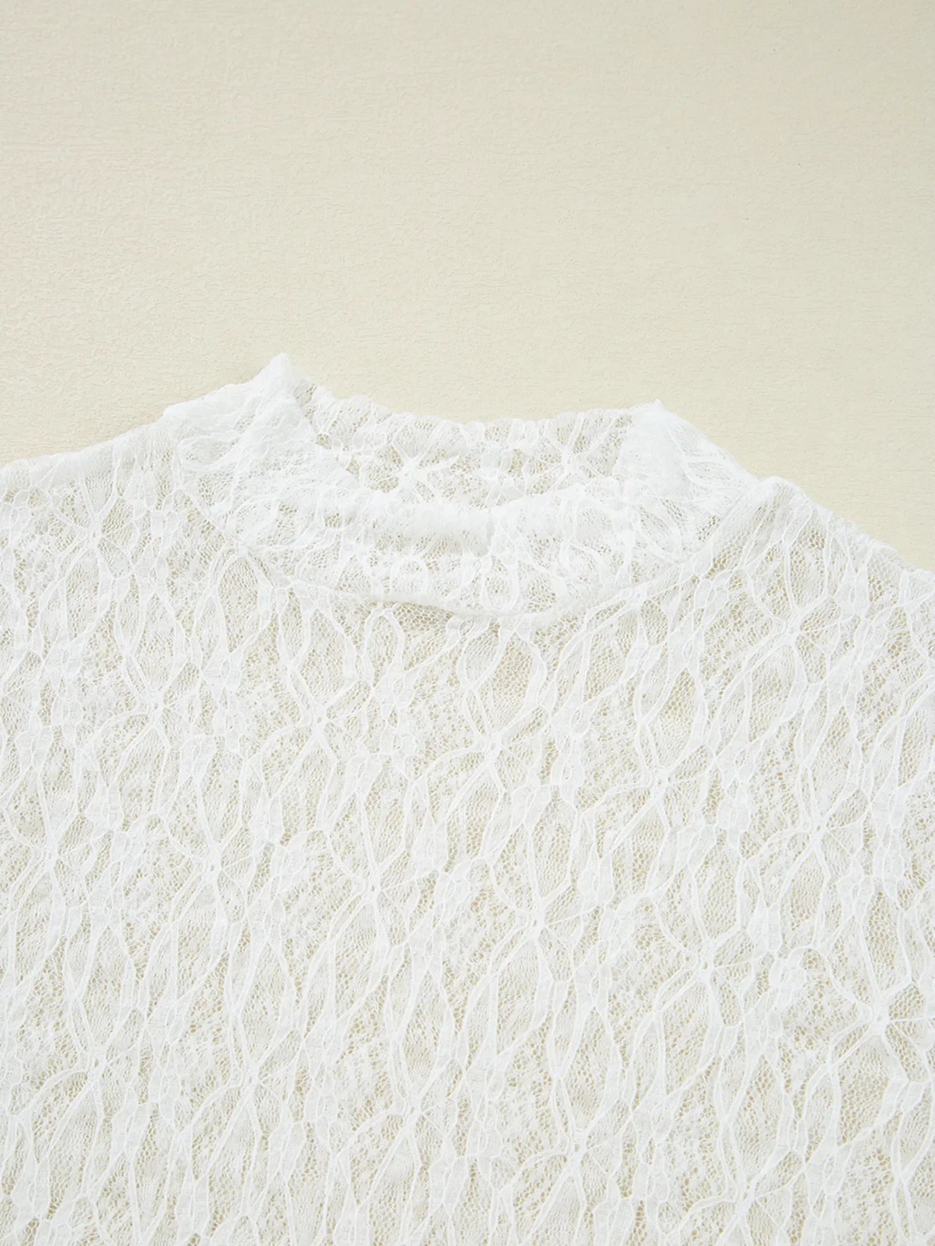 Sheer Lace Bell Sleeve Mock Neck Blouse