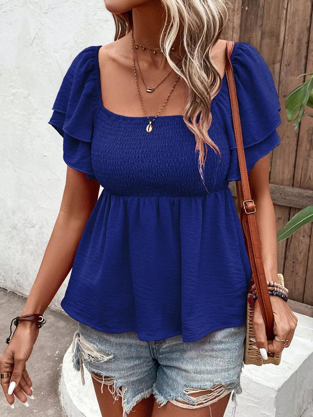 Smocked Square Neck Ruffle Sleeve Blouse