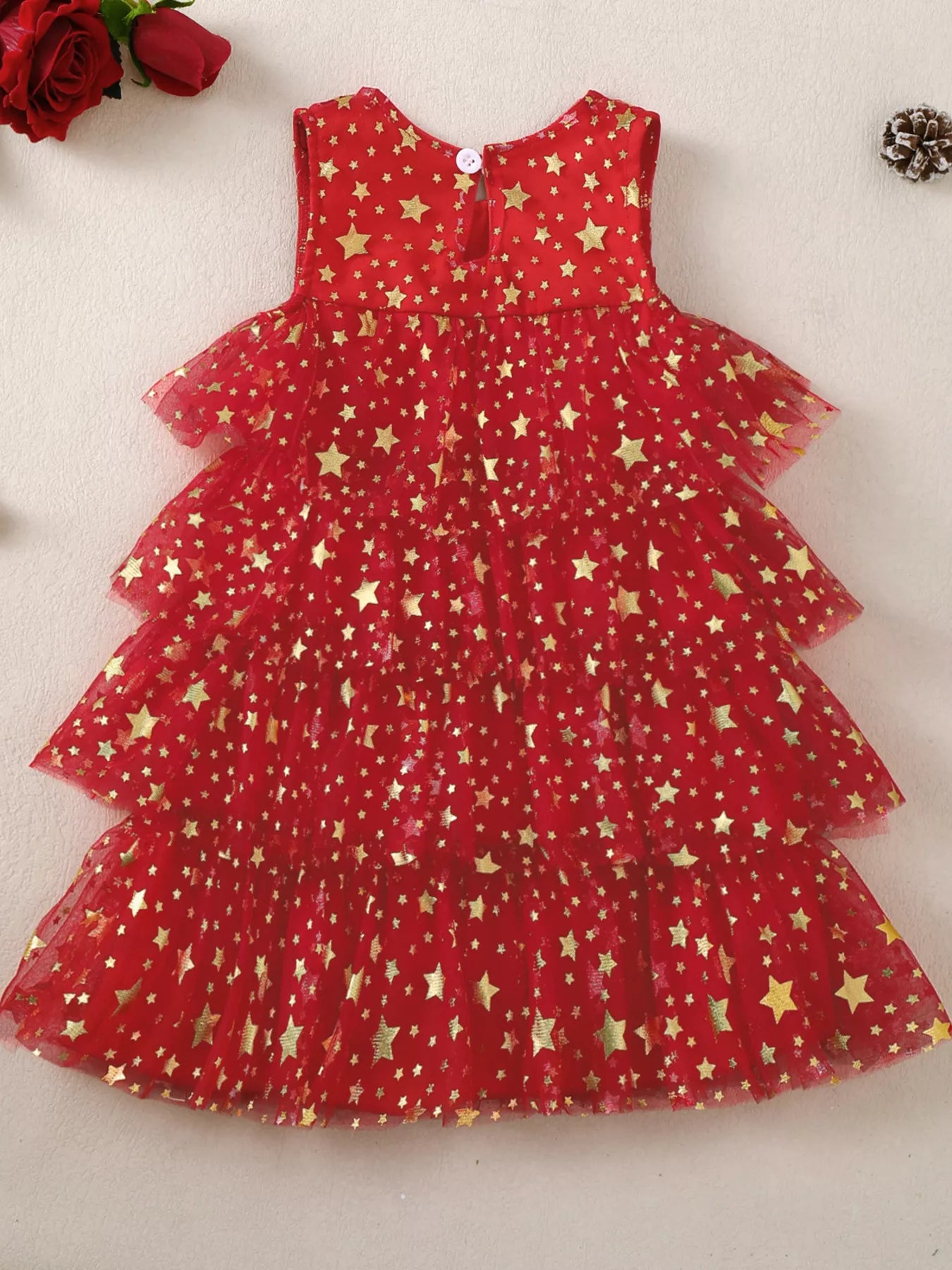 Children's Star Print Pom-Pom Embellishments Tulle Dress