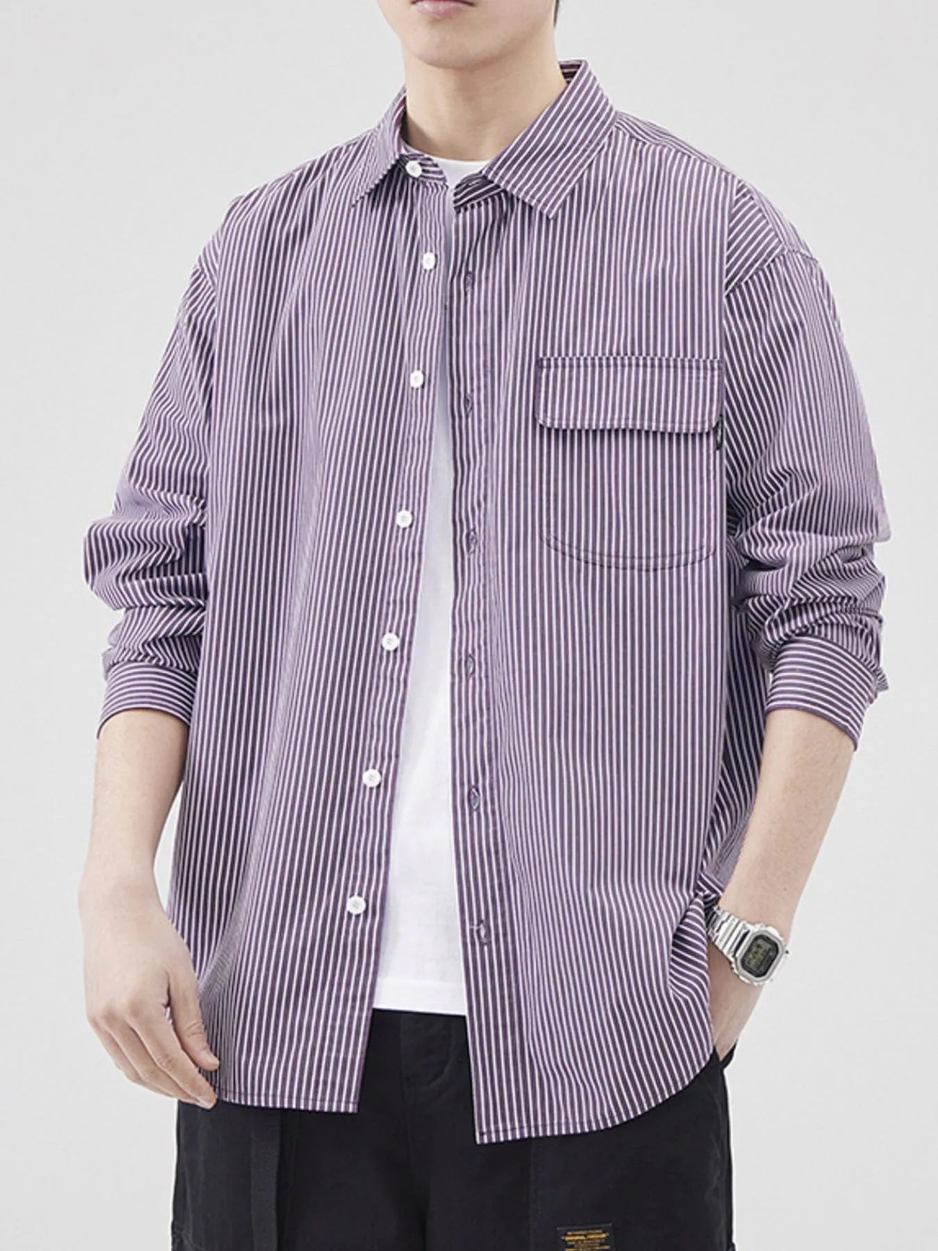 Men's Plus Size Striped Button Up Long Sleeve Shirt