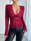 Lace Deep V-Neck Long Sleeve T-Shirt