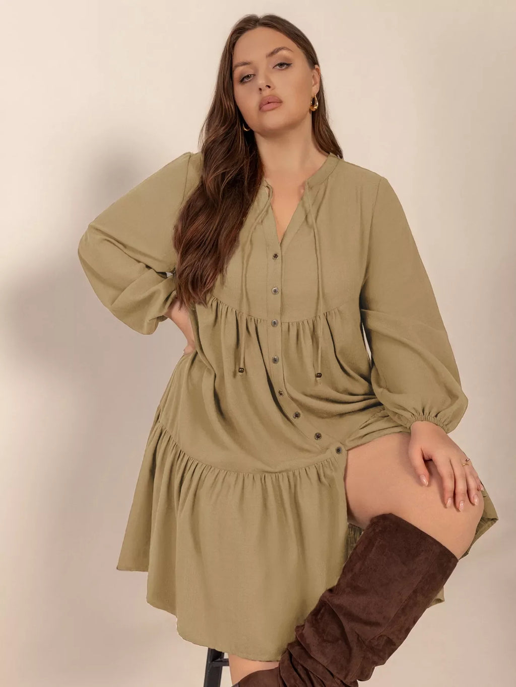 Plus Size Tie Neck Balloon Sleeve Dress